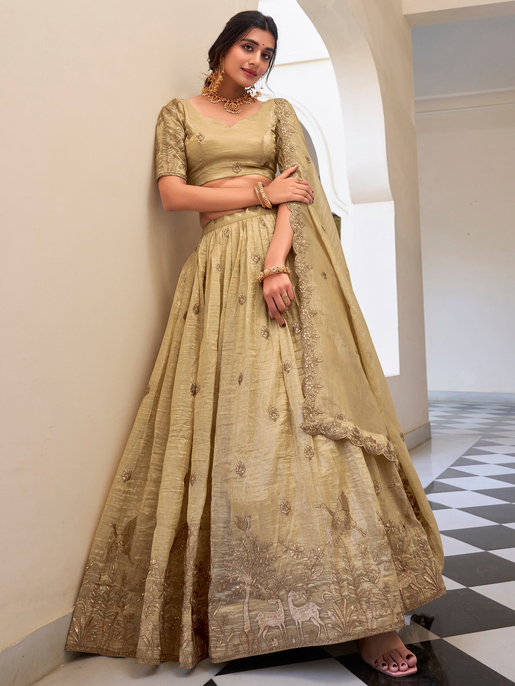 Awesome Cream Thread Work Crush Silk Festive Wear Lehenga Choli