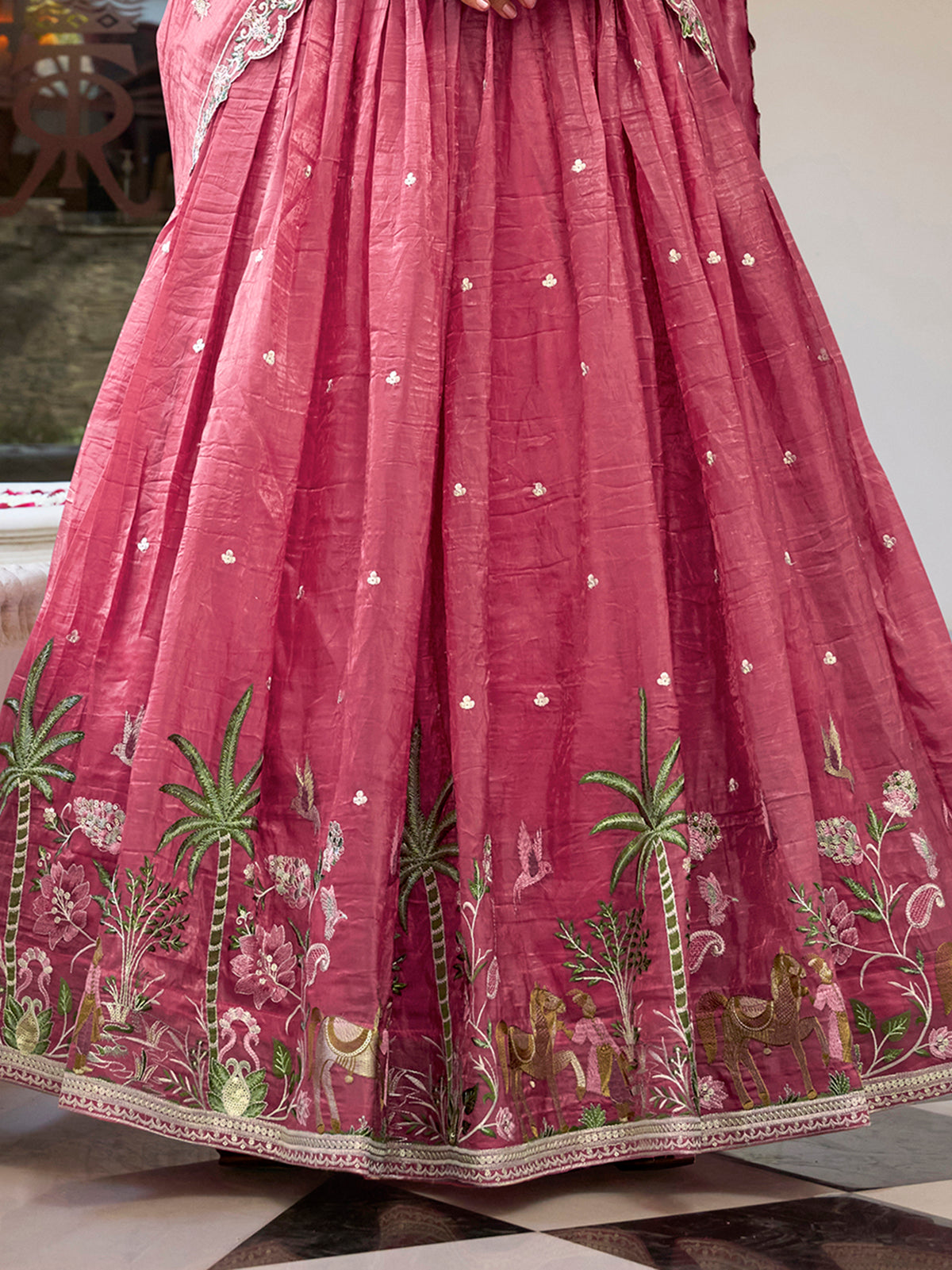Incredible Pink Thread Work Crush Silk Wedding Lehenga Choli With Dupatta
