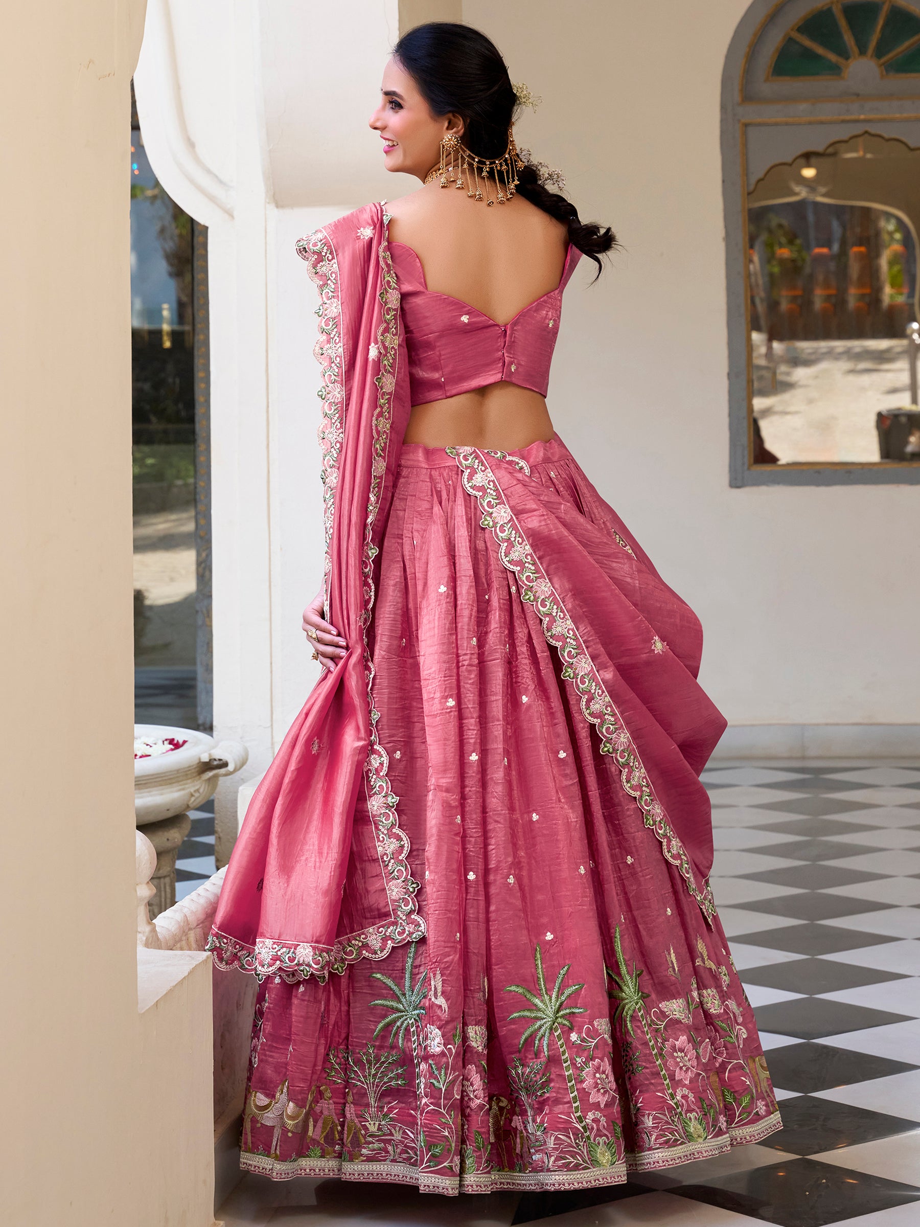 Incredible Pink Thread Work Crush Silk Wedding Lehenga Choli With Dupatta