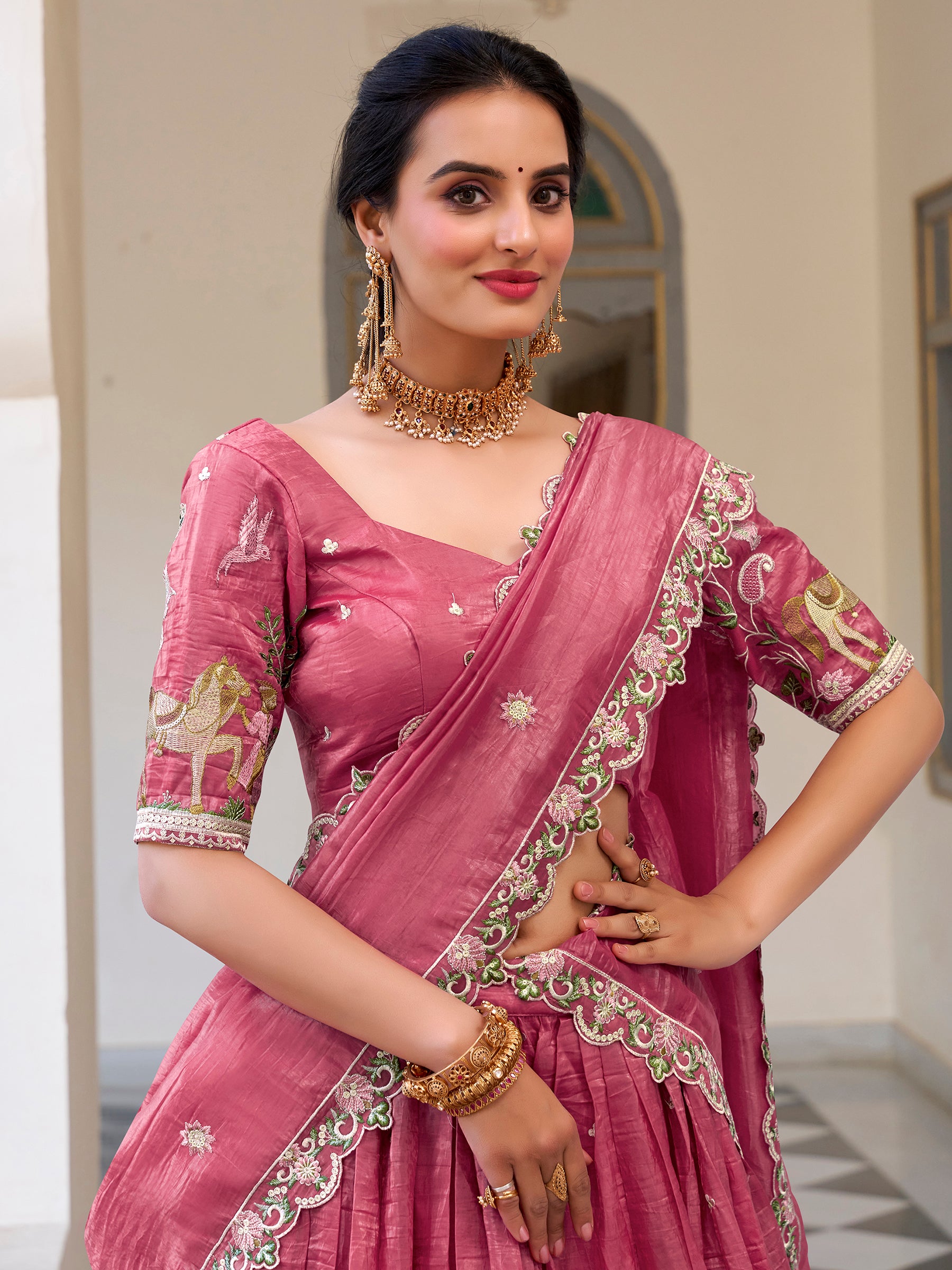 Incredible Pink Thread Work Crush Silk Wedding Lehenga Choli With Dupatta