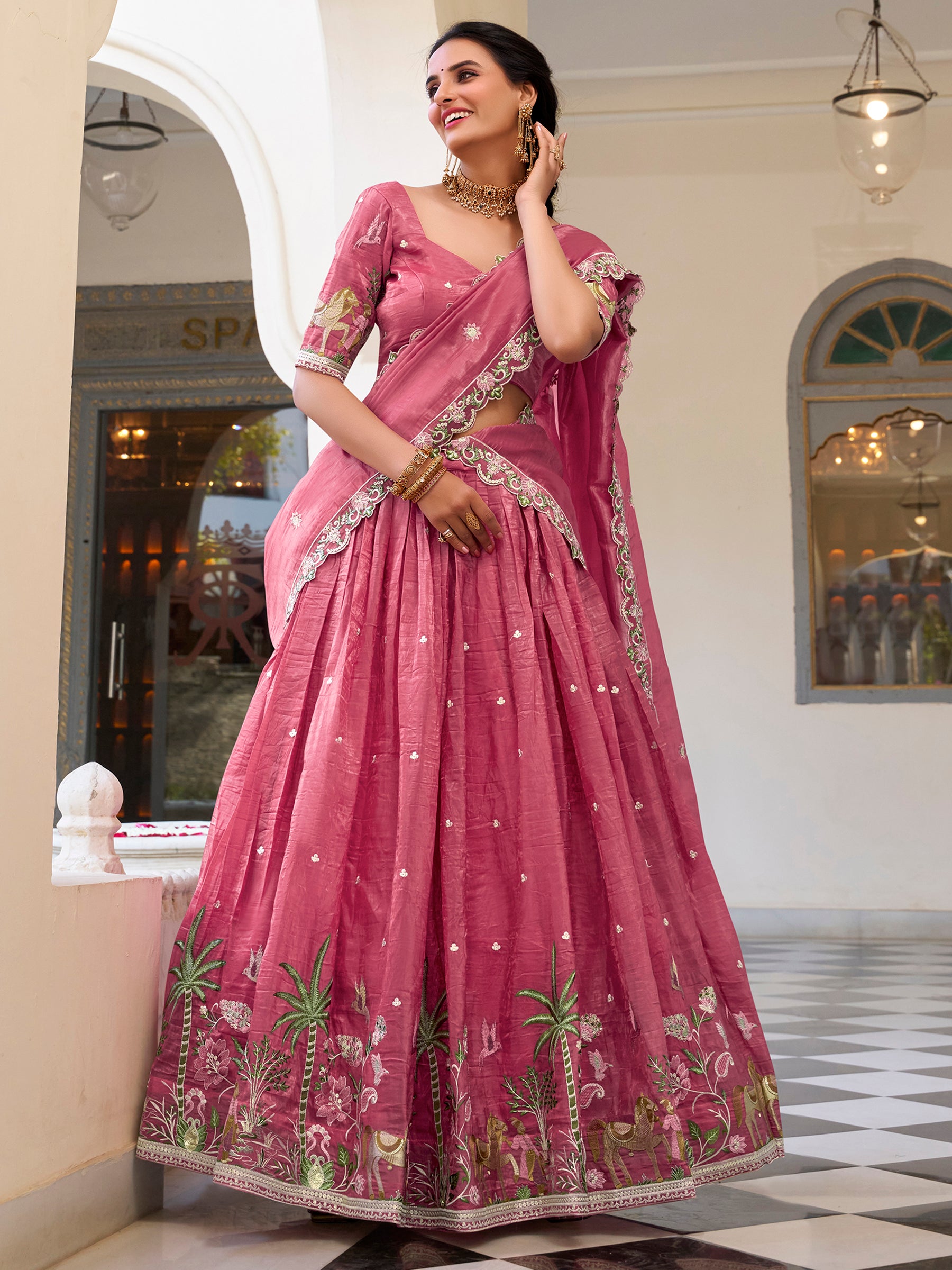 Incredible Pink Thread Work Crush Silk Wedding Lehenga Choli With Dupatta