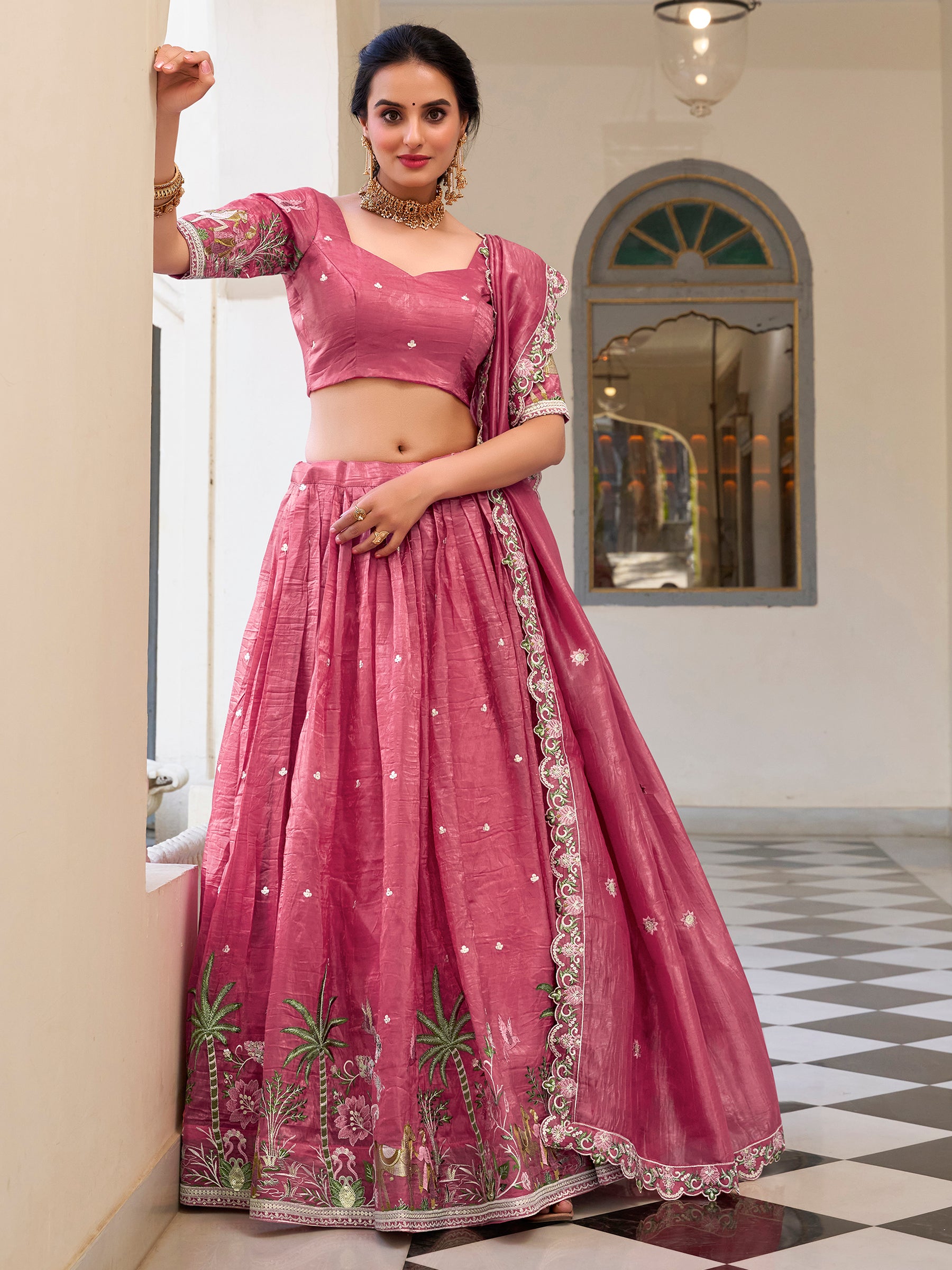 Incredible Pink Thread Work Crush Silk Wedding Lehenga Choli With Dupatta