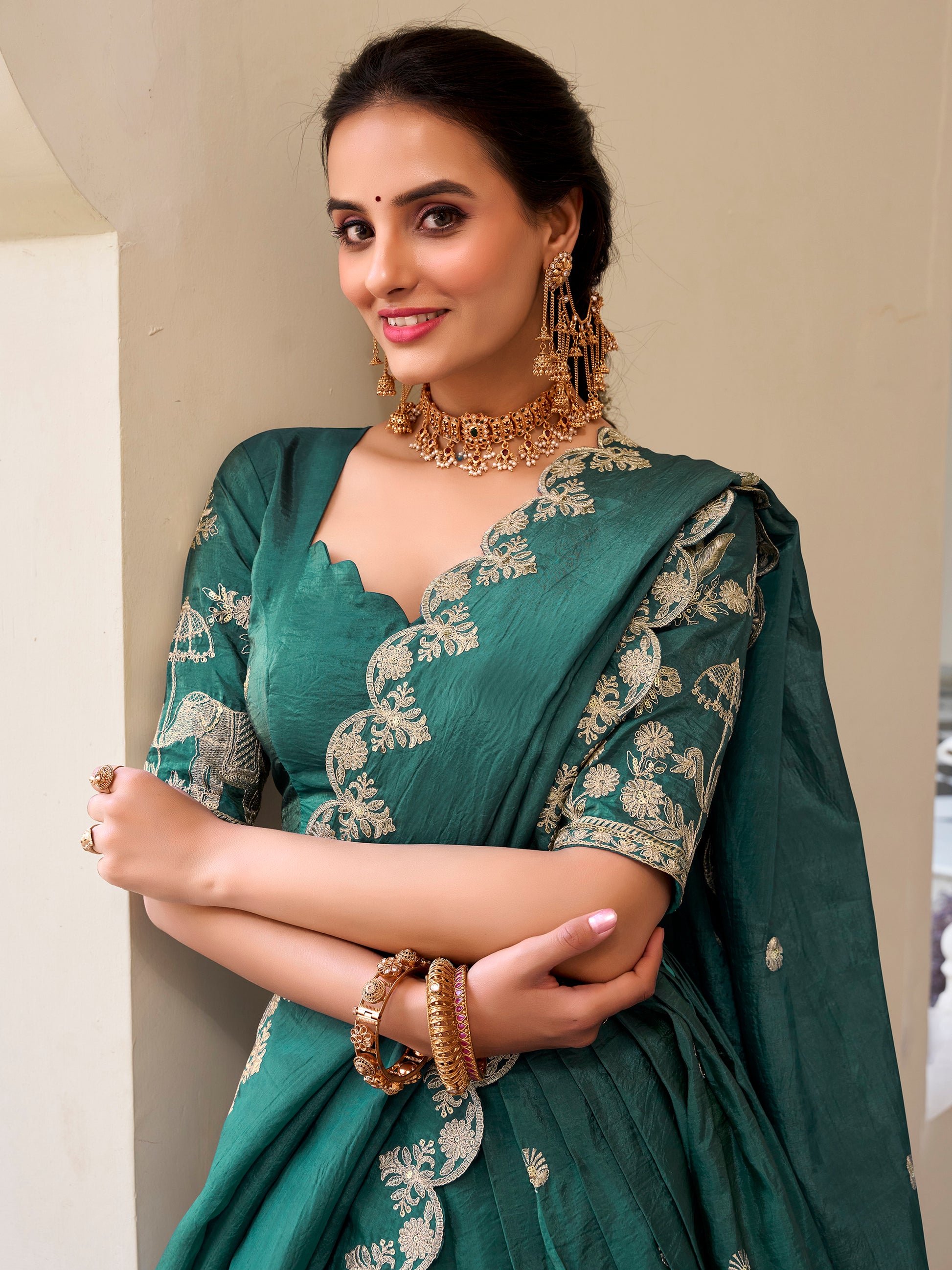 Stunning Teal Green Thread Embroidered Crush Silk Festive Wear Lehenga Choli