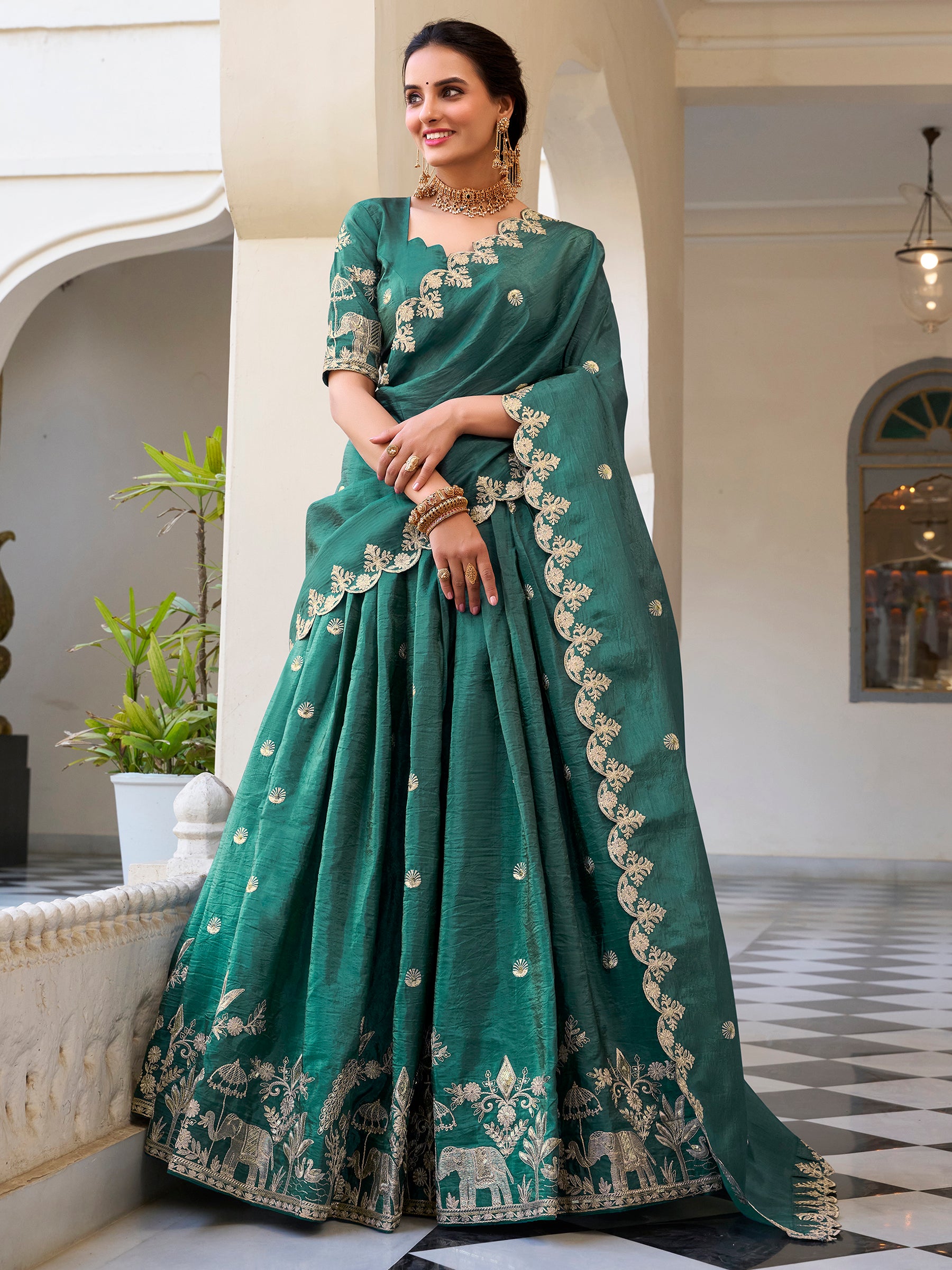Stunning Teal Green Thread Embroidered Crush Silk Festive Wear Lehenga Choli