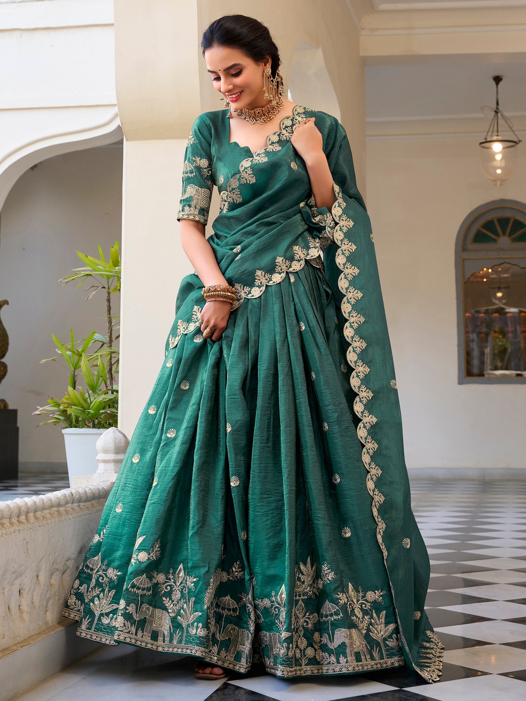 Stunning Teal Green Thread Embroidered Crush Silk Festive Wear Lehenga Choli