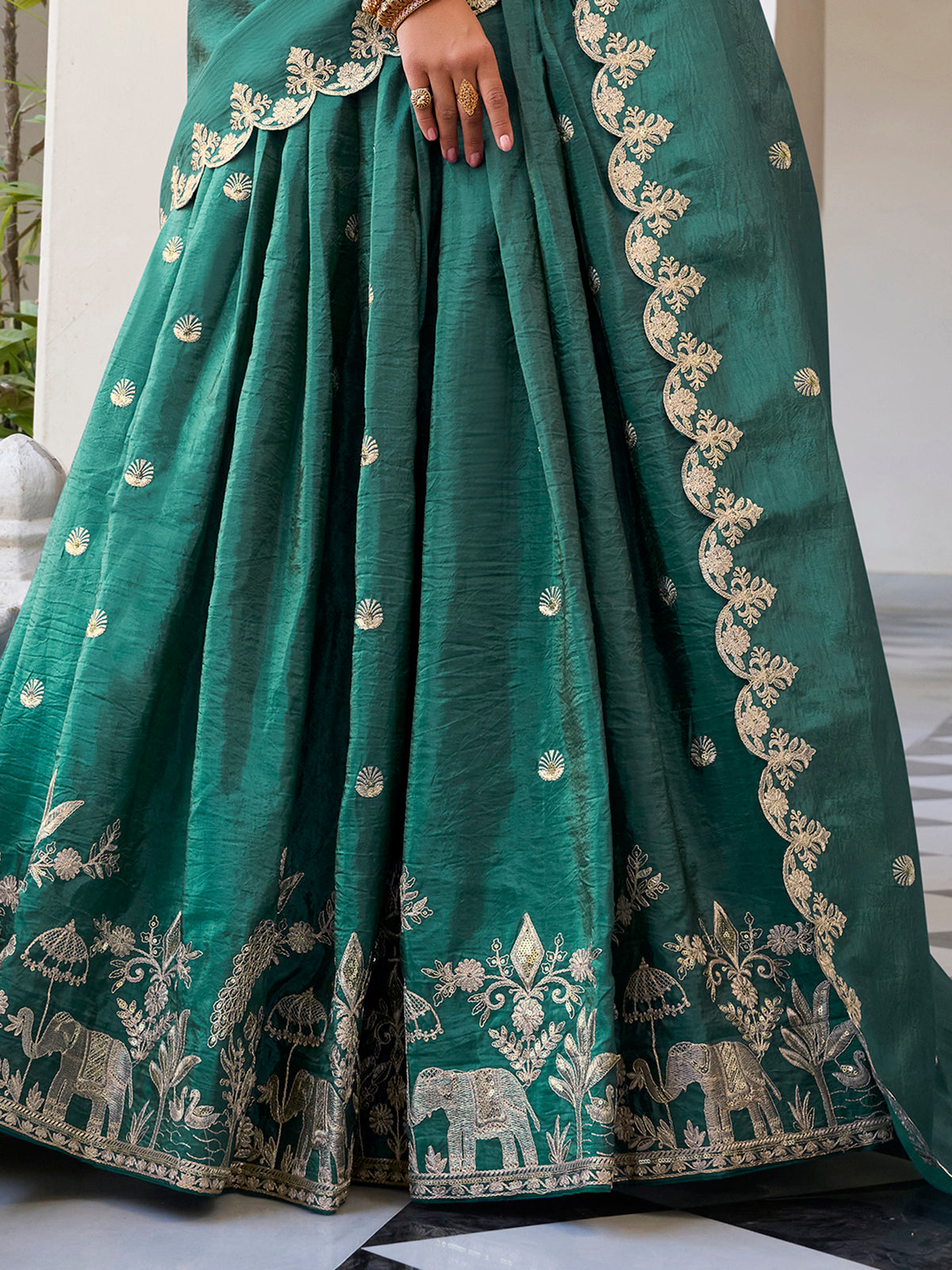 Stunning Teal Green Thread Embroidered Crush Silk Festive Wear Lehenga Choli