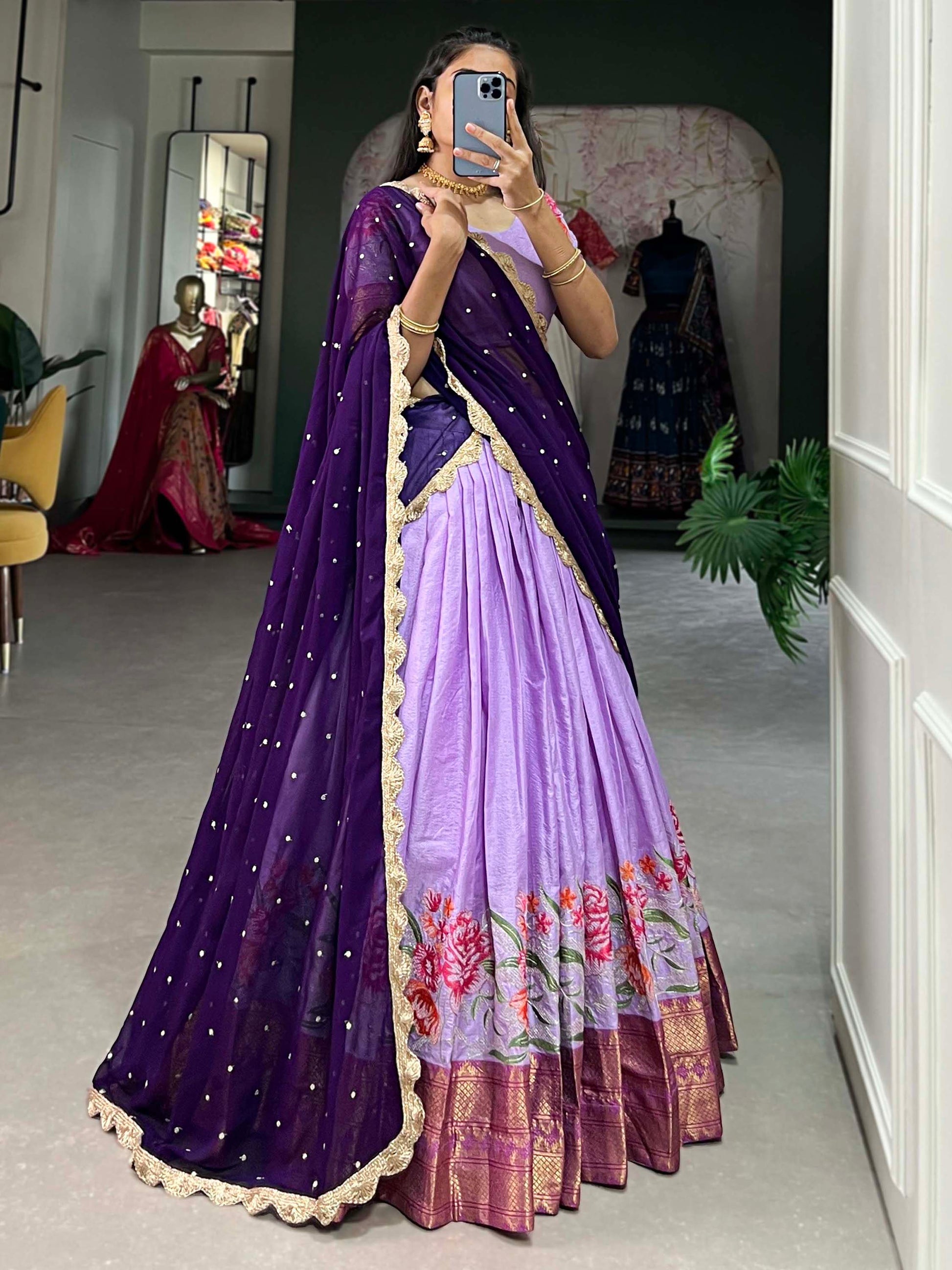 Alluring Lavender Thread Work Festive Wear Cotton Half Saree Lehenga