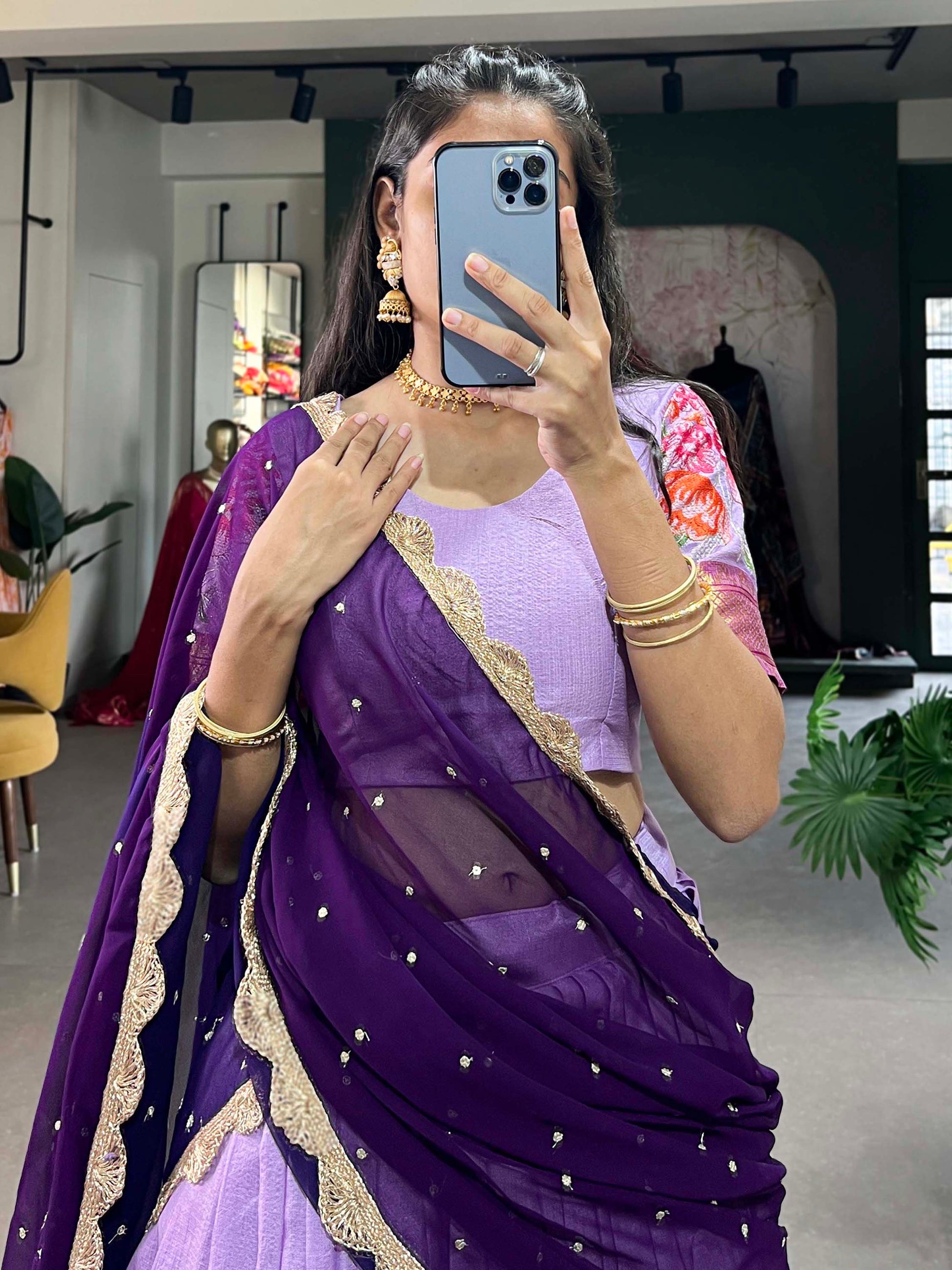 Alluring Lavender Thread Work Festive Wear Cotton Half Saree Lehenga