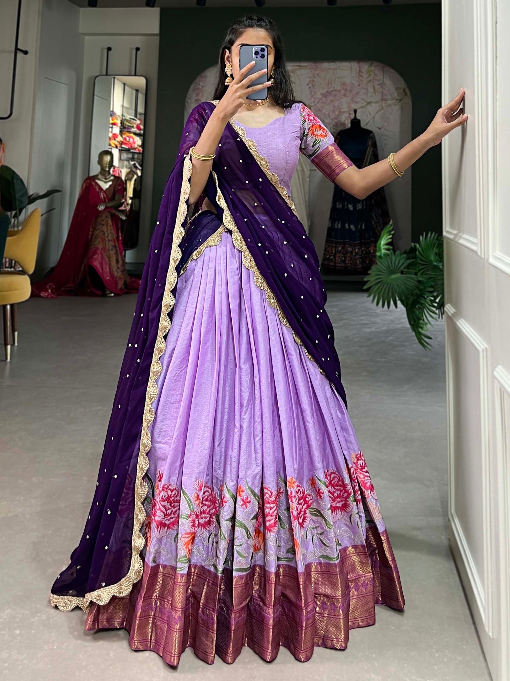 Alluring Lavender Thread Work Festive Wear Cotton Half Saree Lehenga