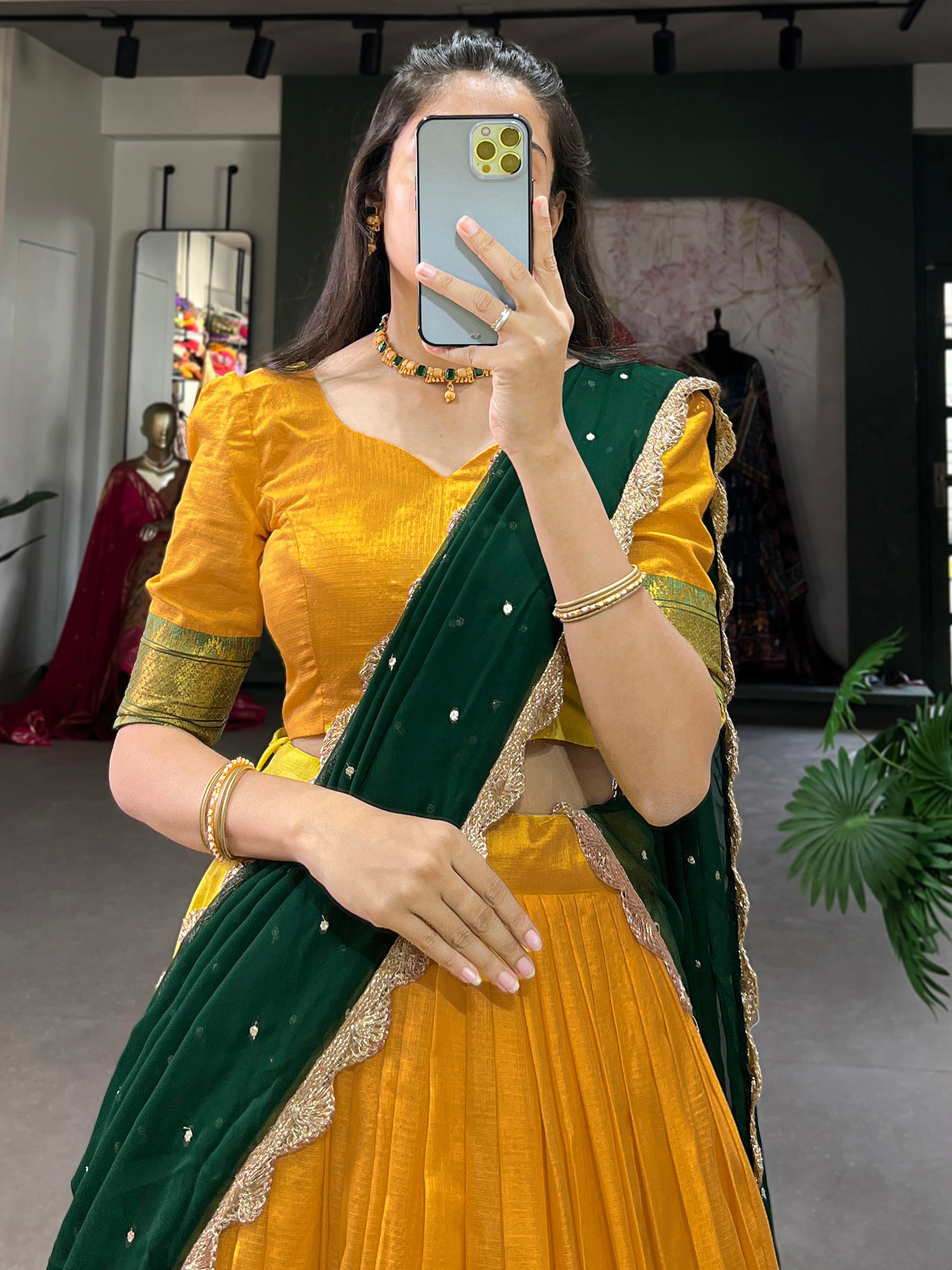 Stunning Mustard Yellow Thread Work Cotton Haldi Wear Half Saree Lehenga