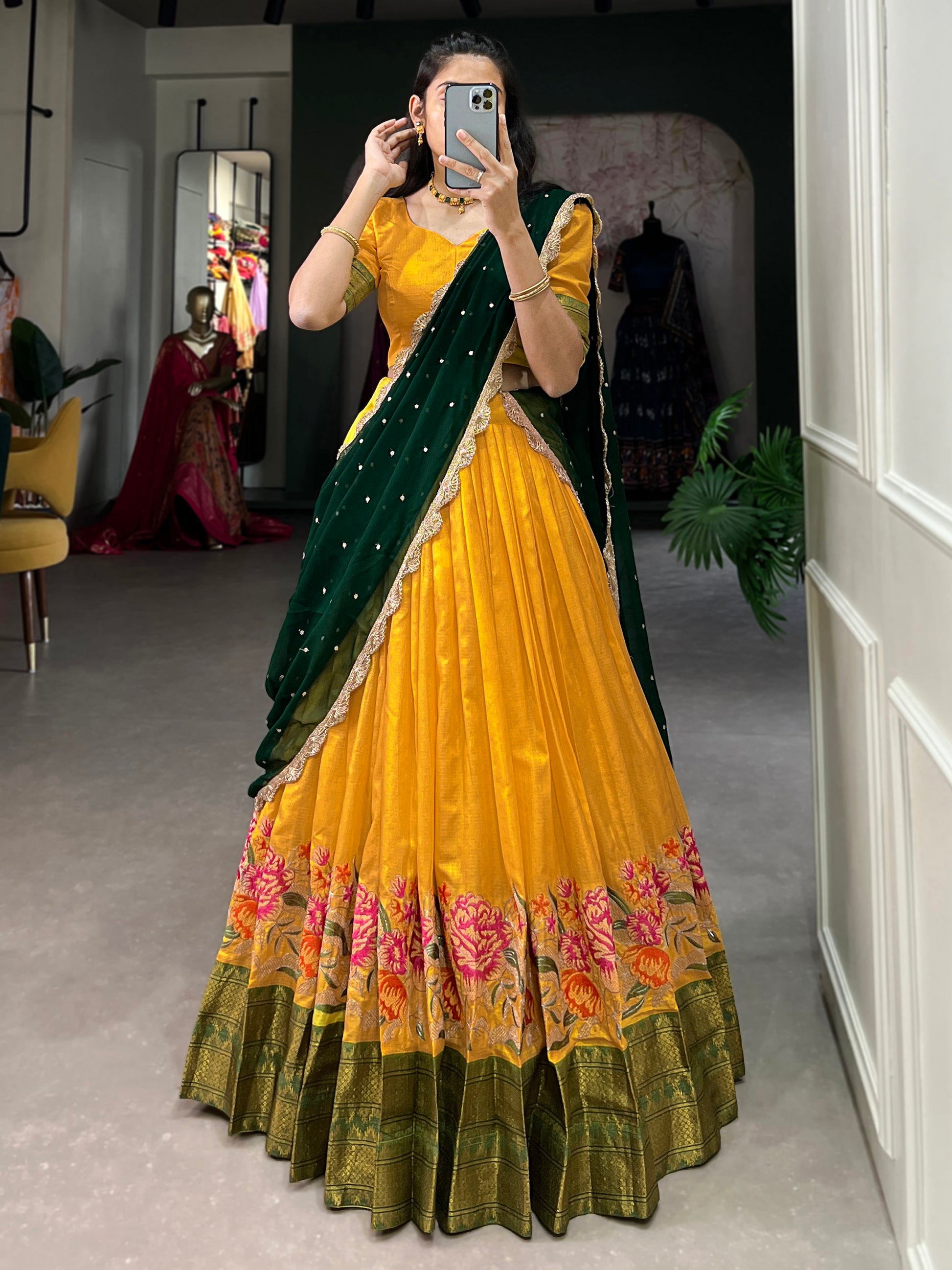Stunning Mustard Yellow Thread Work Cotton Haldi Wear Half Saree Lehenga