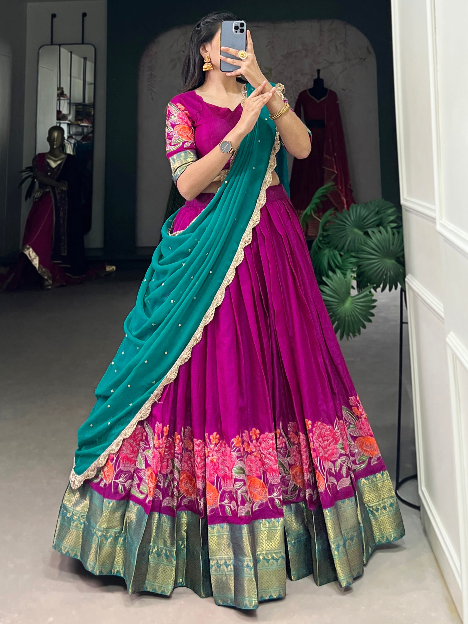 Gorgeous Hot Pink Thread Work Cotton Festive Wear Half Saree Lehenga