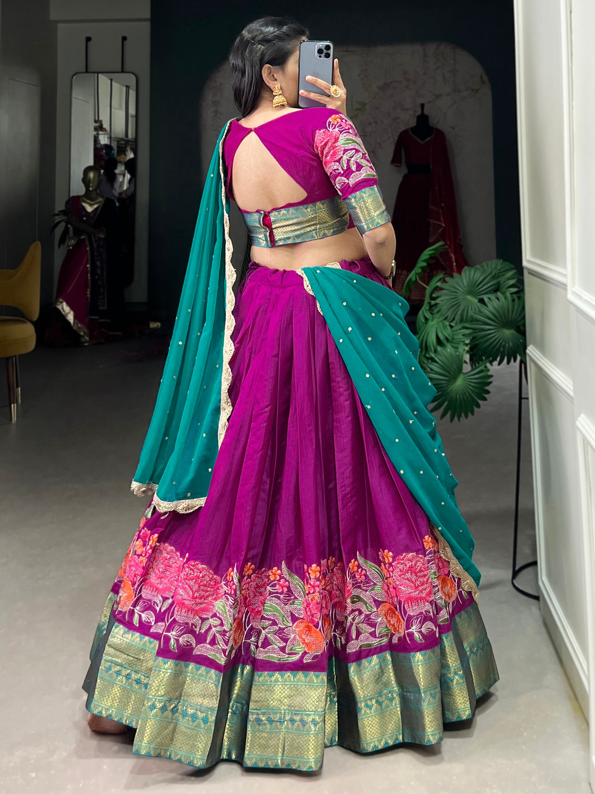 Gorgeous Hot Pink Thread Work Cotton Festive Wear Half Saree Lehenga