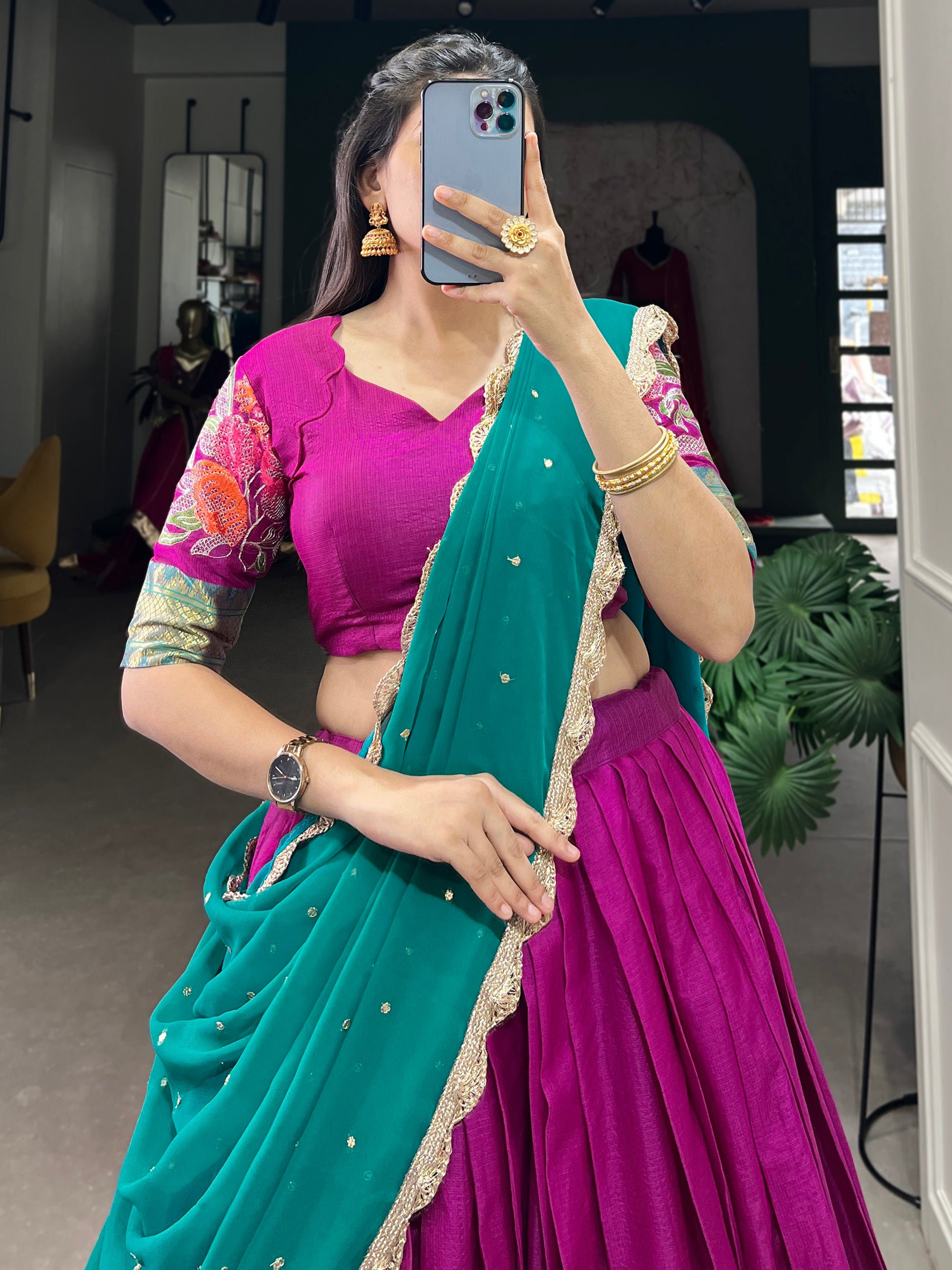 Gorgeous Hot Pink Thread Work Cotton Festive Wear Half Saree Lehenga