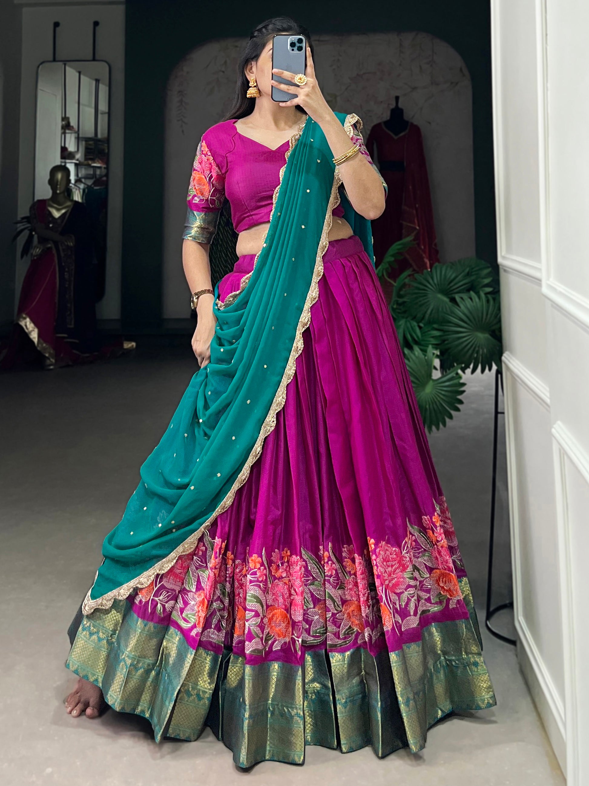 Gorgeous Hot Pink Thread Work Cotton Festive Wear Half Saree Lehenga