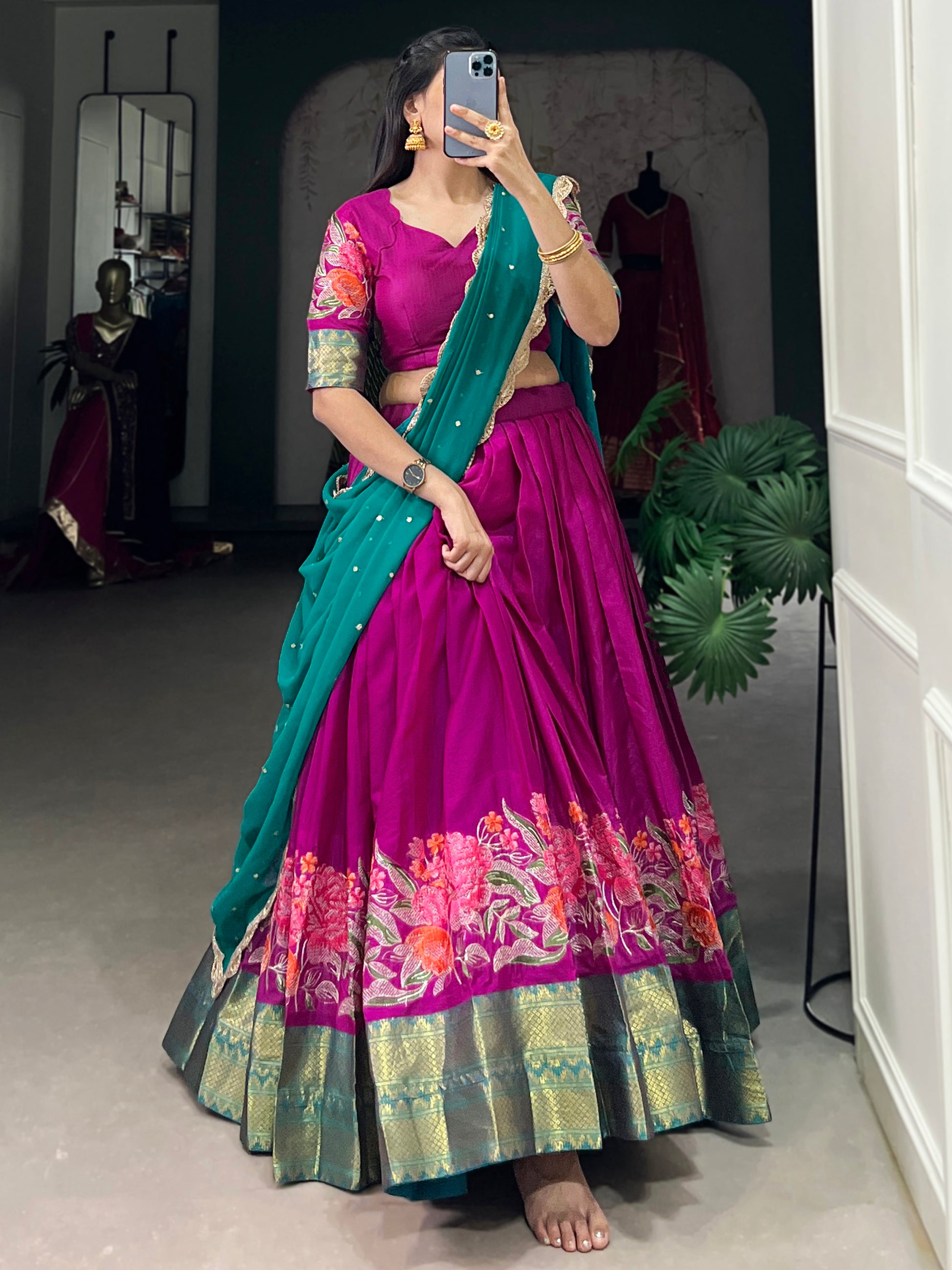 Gorgeous Hot Pink Thread Work Cotton Festive Wear Half Saree Lehenga