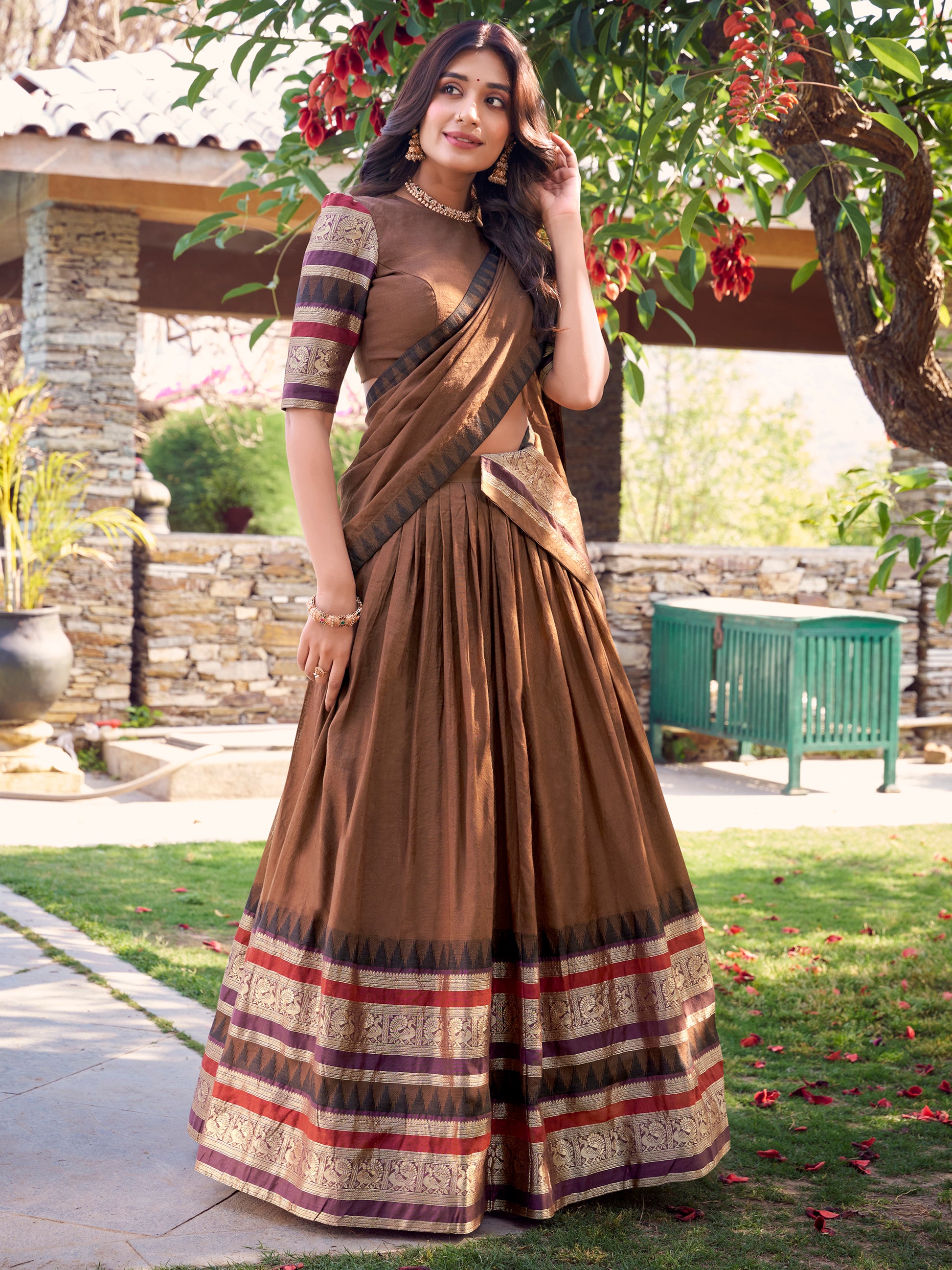 Lavish Brown Zari Weaving Chanderi Traditional Lehenga Choli