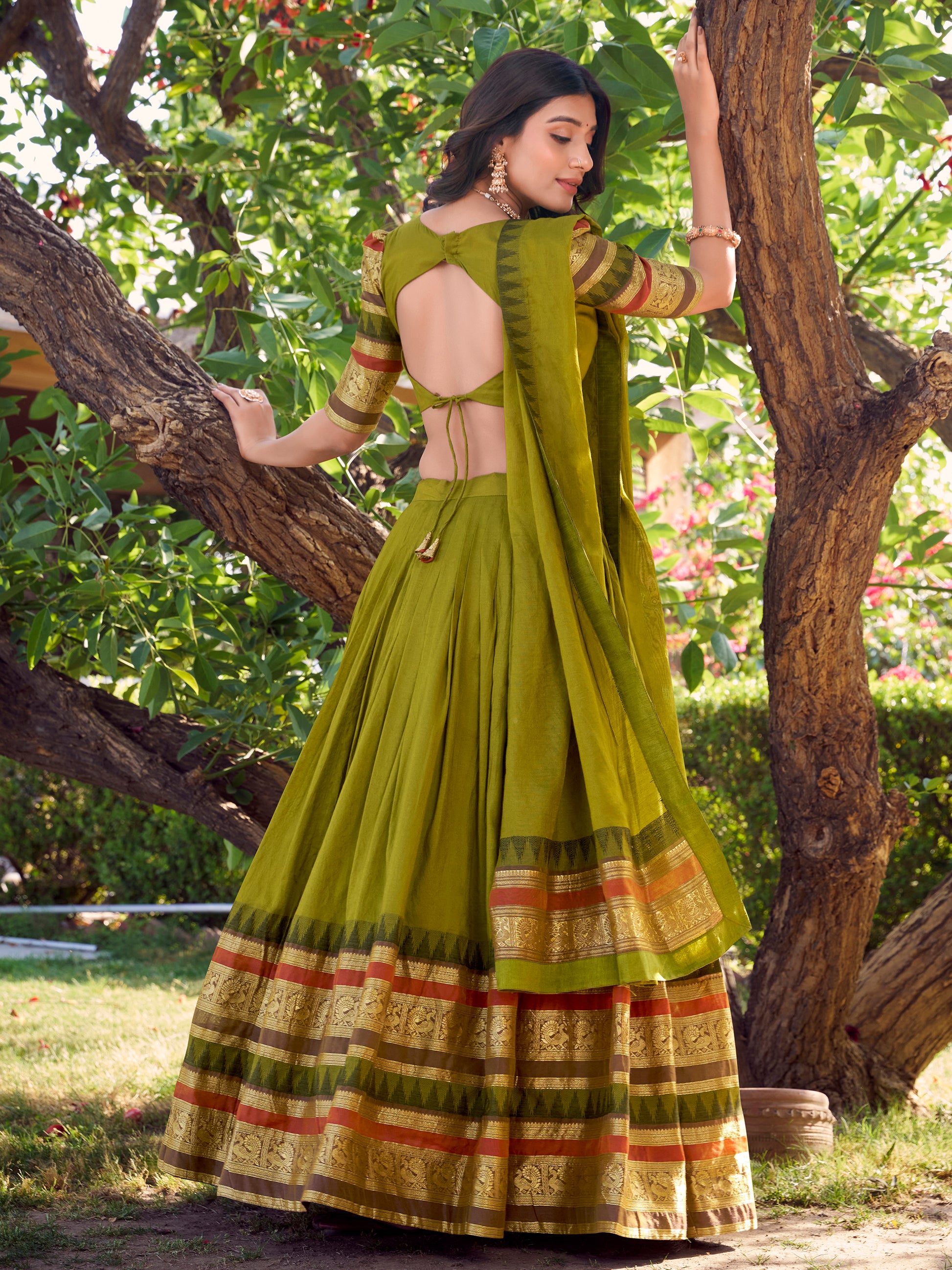 Glamorous Olive Green Zari Weaving Chanderi Half Saree Lehenga