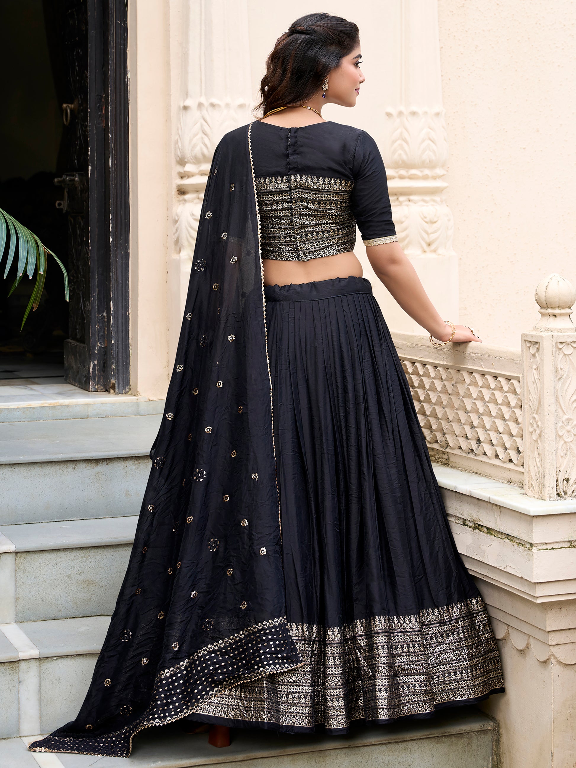 Outstanding Black Border Work Chanderi Event Wear Lehenga Choli
