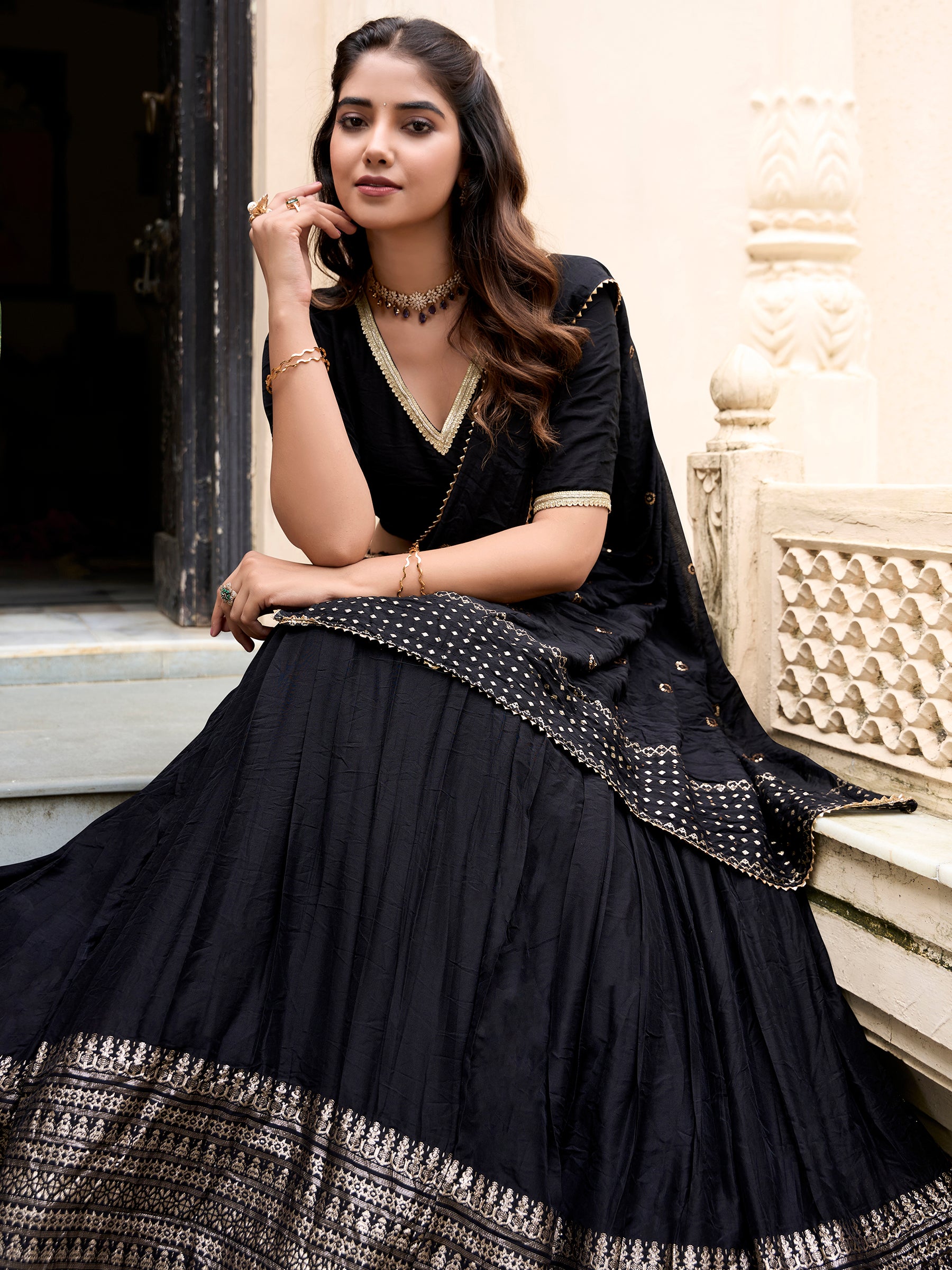 Outstanding Black Border Work Chanderi Event Wear Lehenga Choli