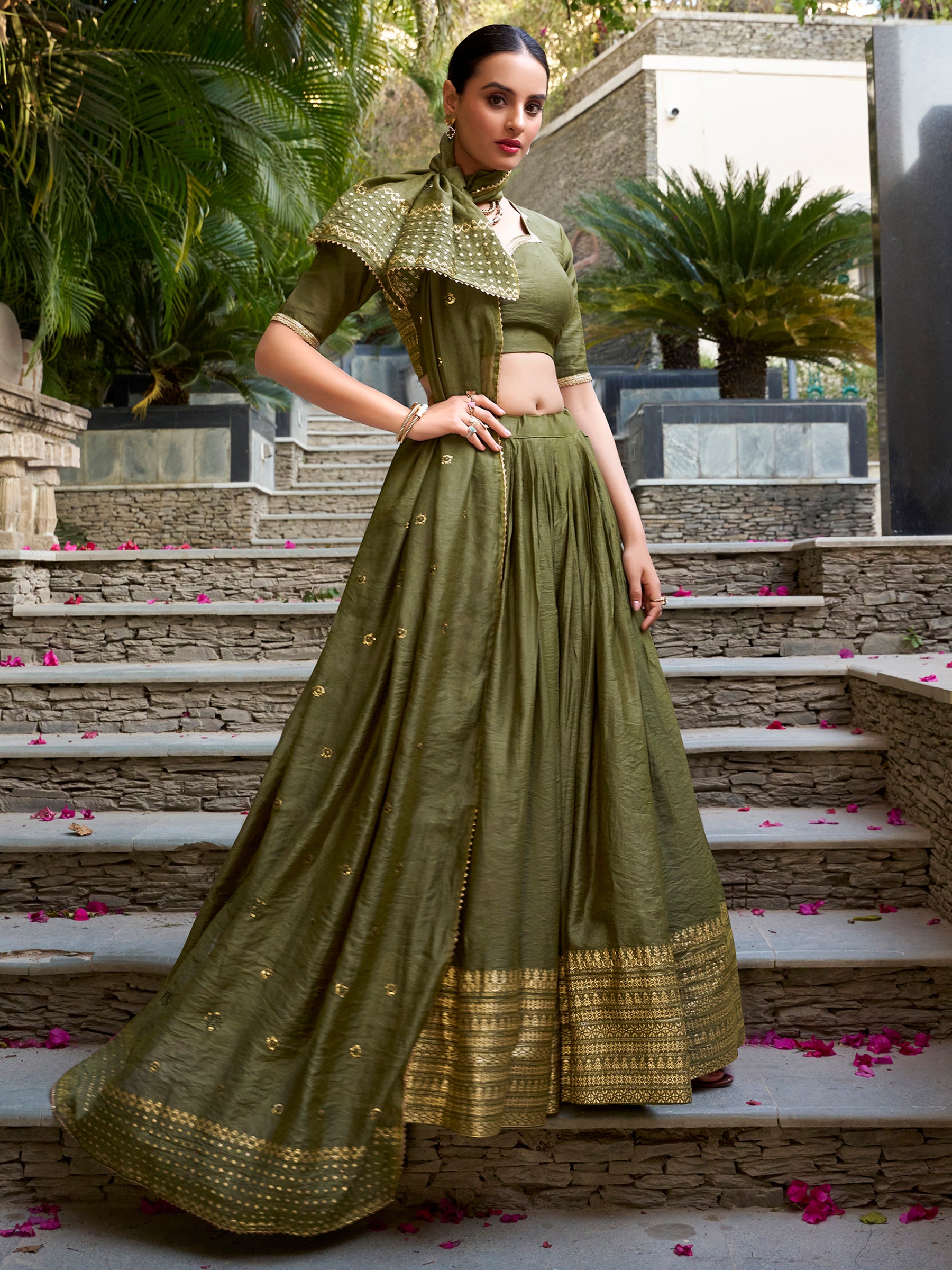 Great Olive Green Border Work Chanderi Mehendi Wear Lehenga Choli