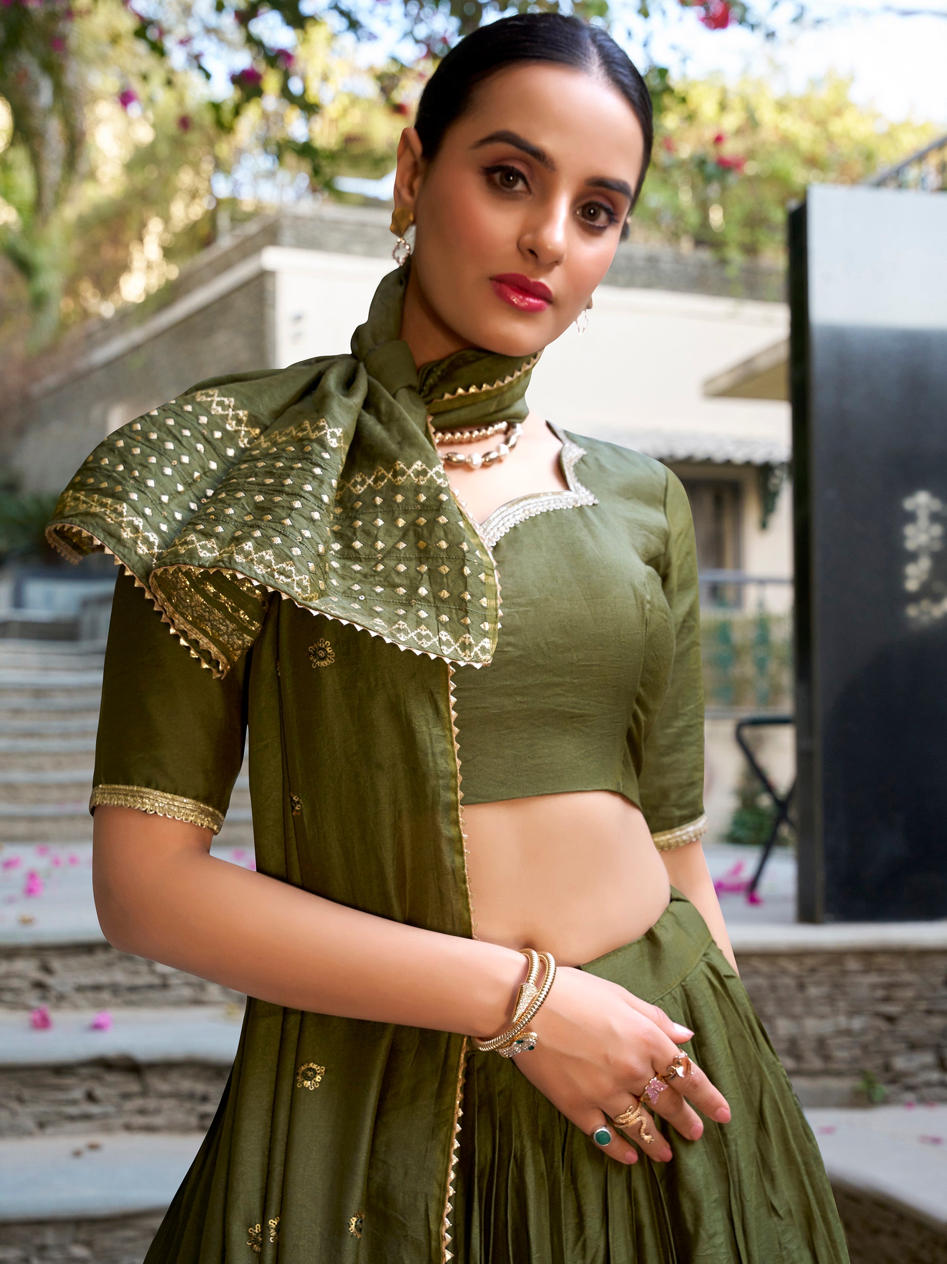 Great Olive Green Border Work Chanderi Mehendi Wear Lehenga Choli