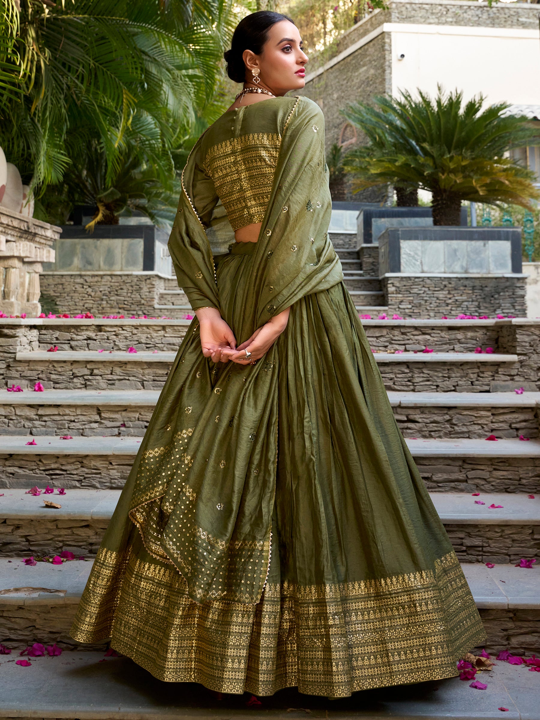 Great Olive Green Border Work Chanderi Mehendi Wear Lehenga Choli