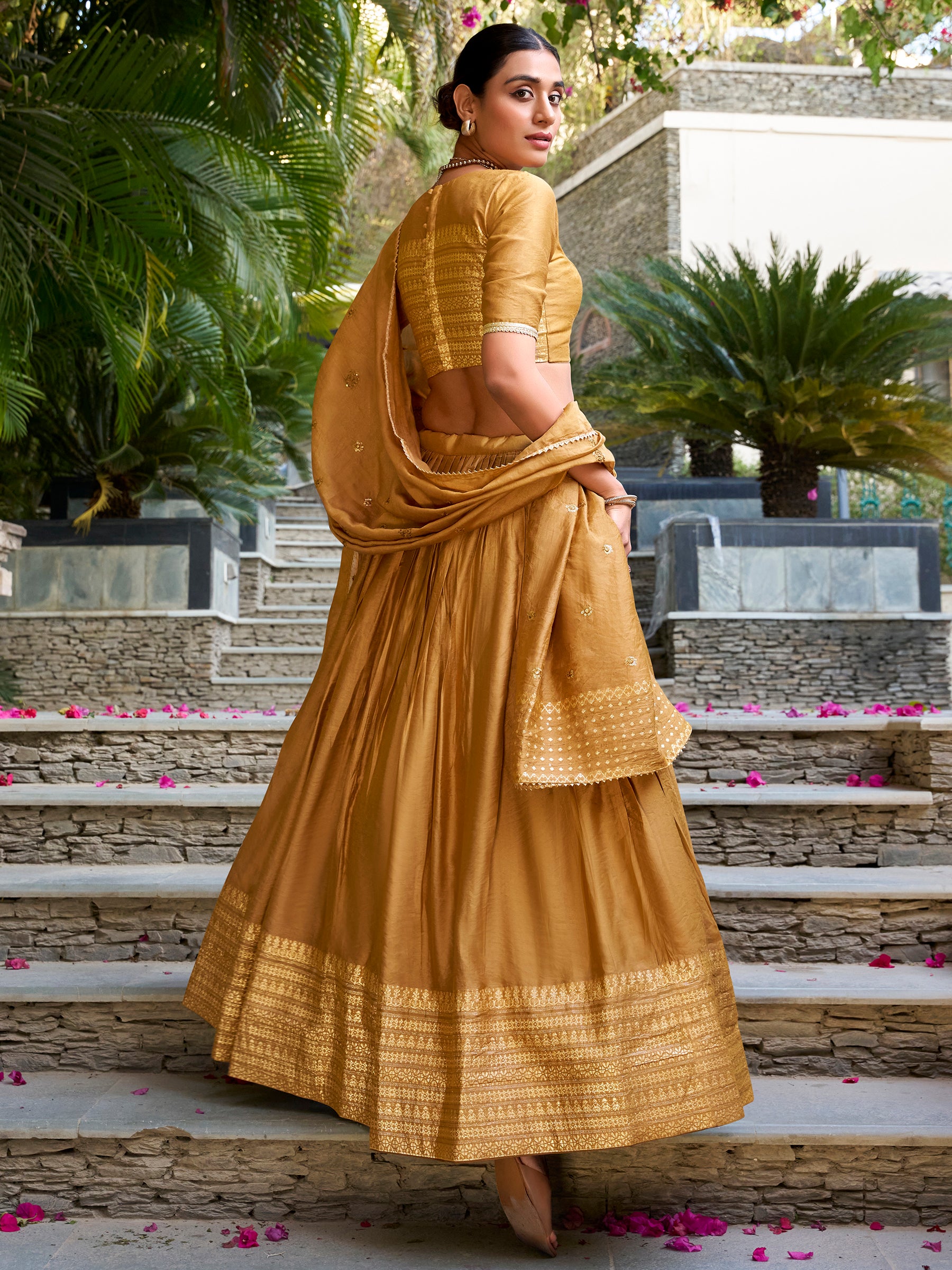 Attractive Mustard Yellow Border Work Chanderi Lehenga Choli