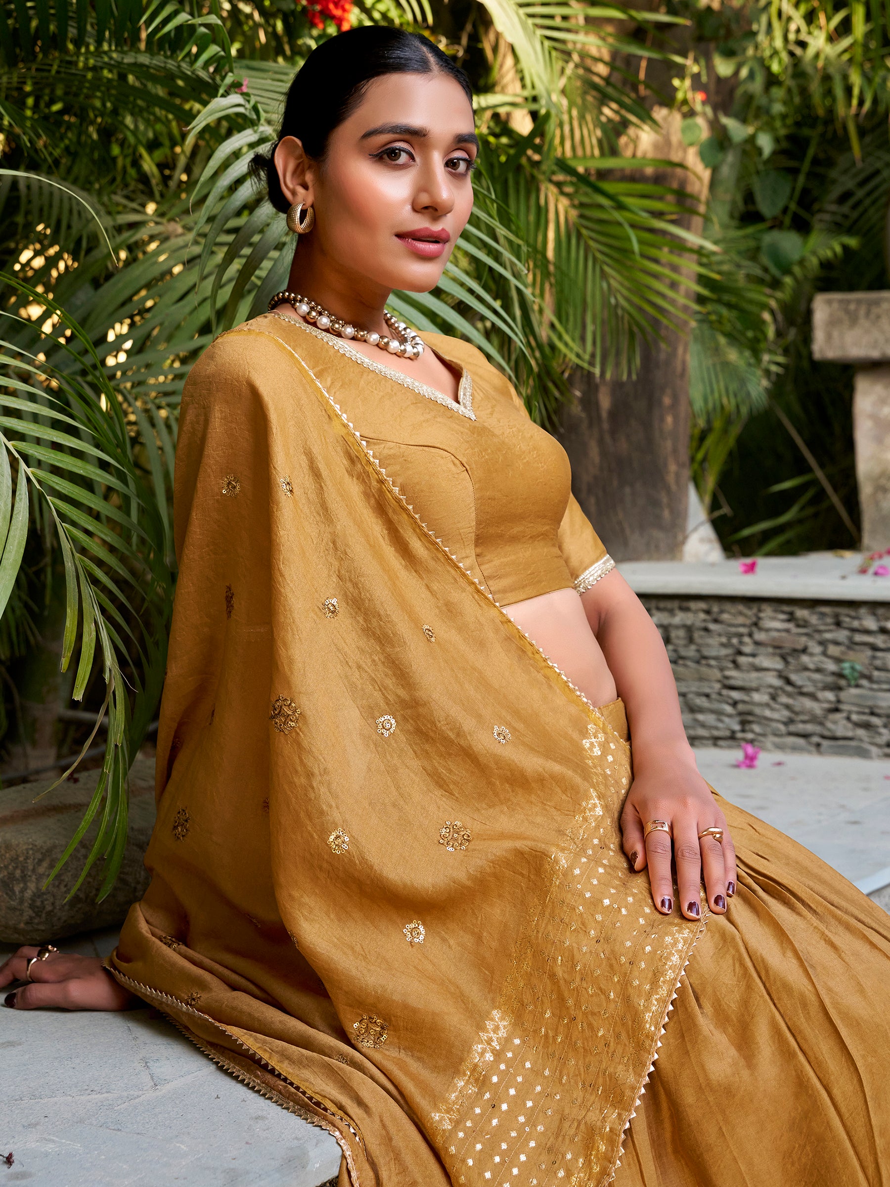 Attractive Mustard Yellow Border Work Chanderi Lehenga Choli