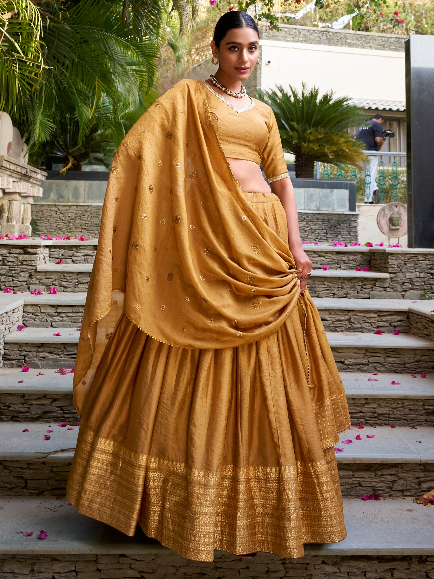 Attractive Mustard Yellow Border Work Chanderi Lehenga Choli