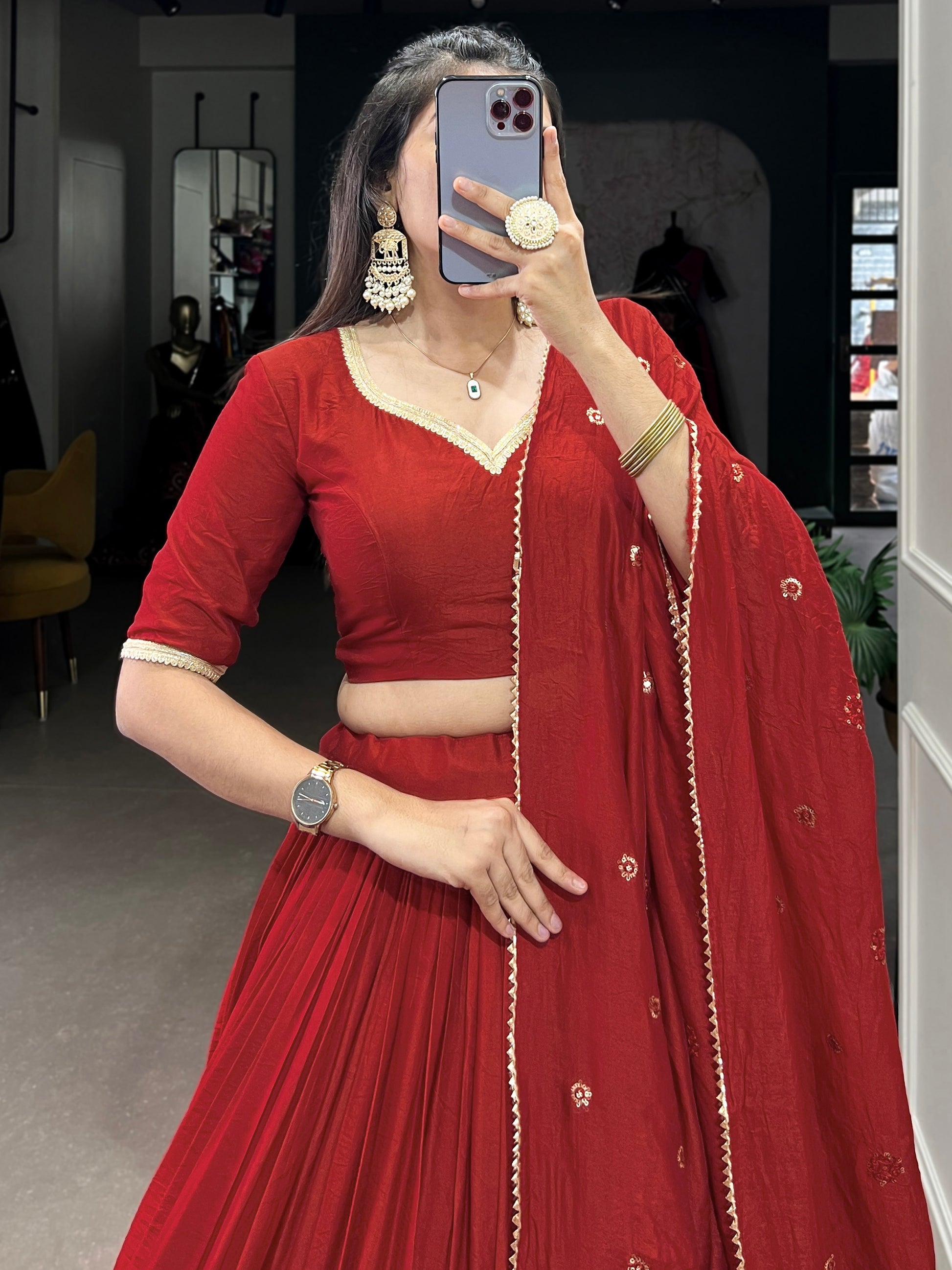 Astonishing Red Zari Weaving Chanderi Wedding Lehenga Choli