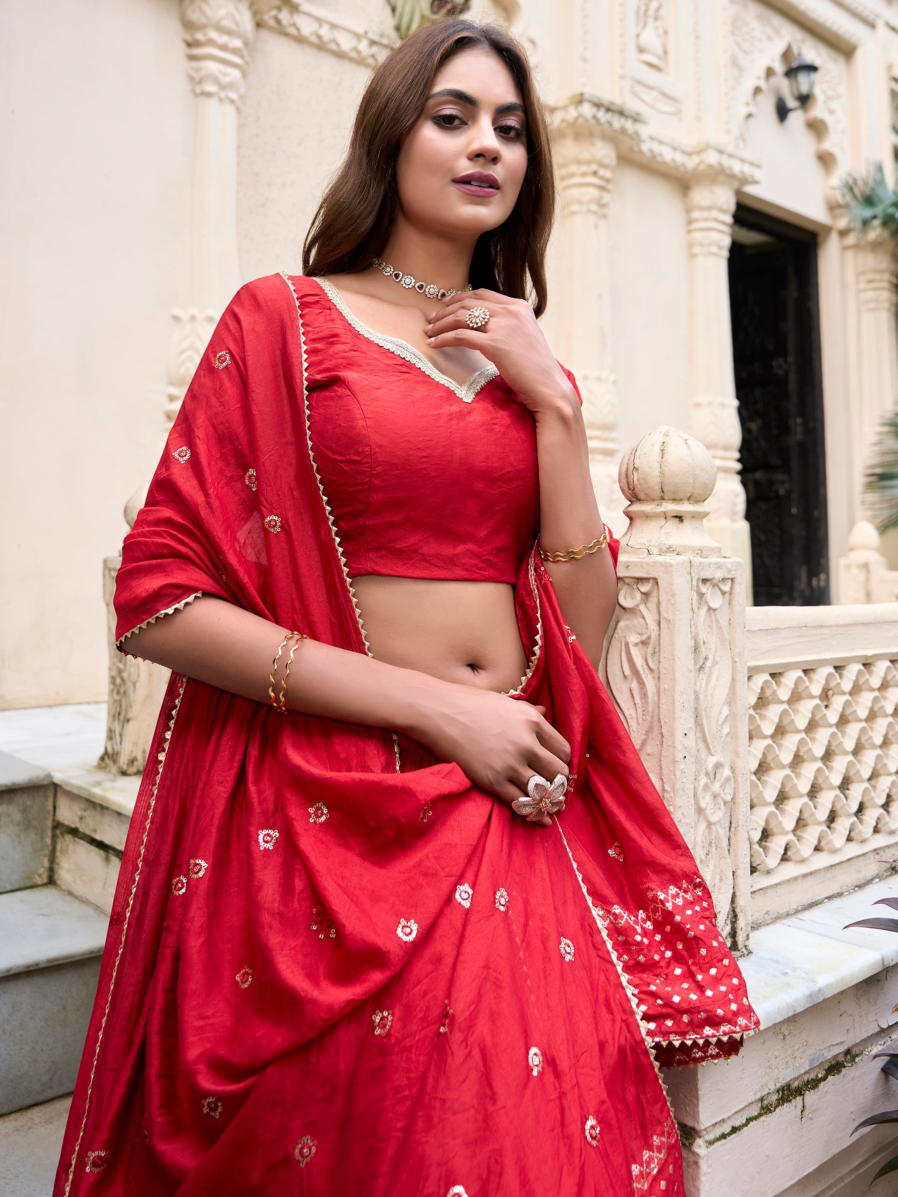 Sweet Red Zari Weaving Chanderi Traditional Lehenga Choli