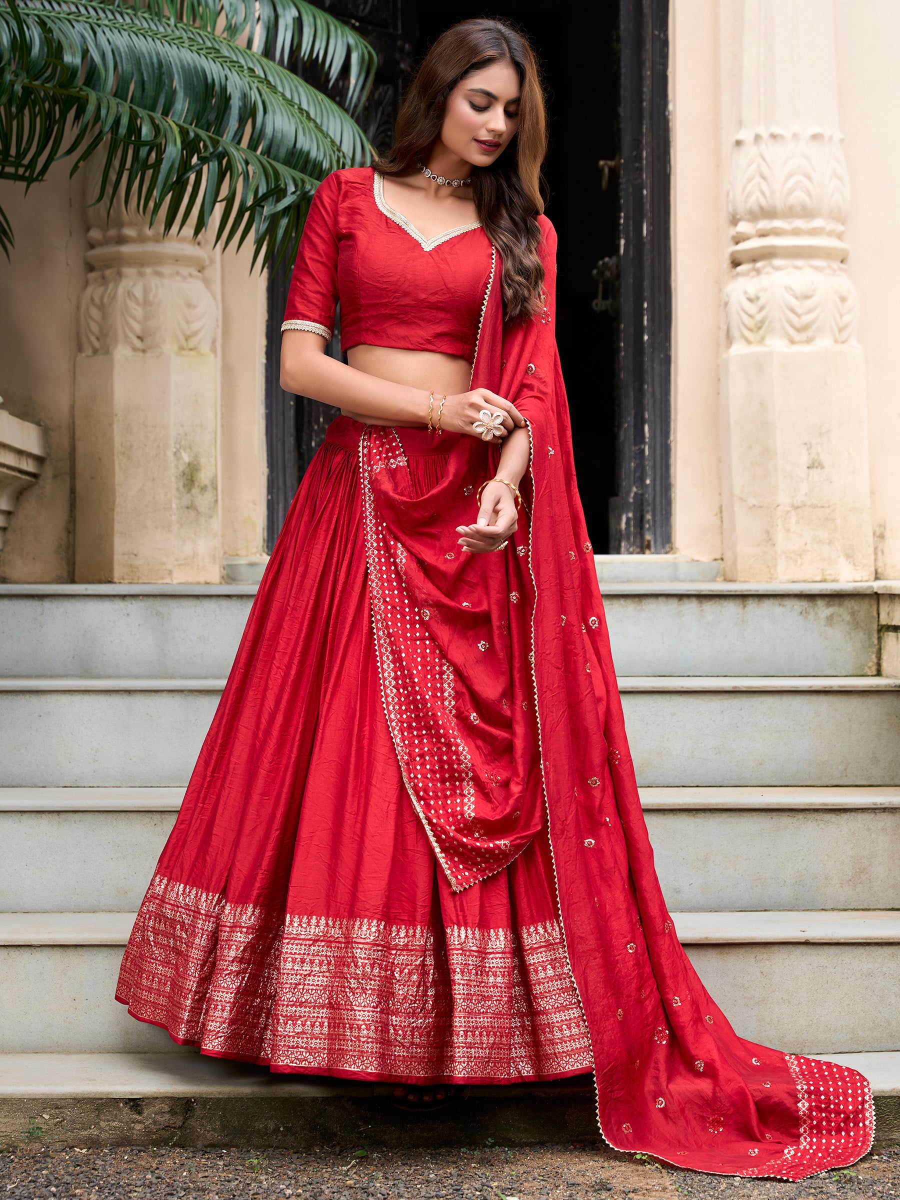 Sweet Red Zari Weaving Chanderi Traditional Lehenga Choli
