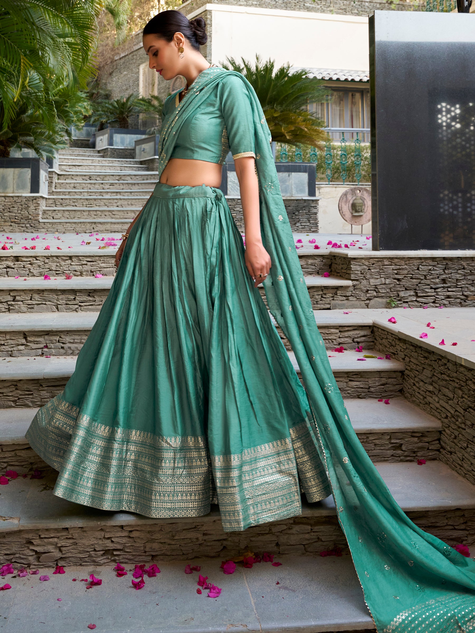 Spectacular Sea Green Zari Weaving Lehenga Choli With Dupatta