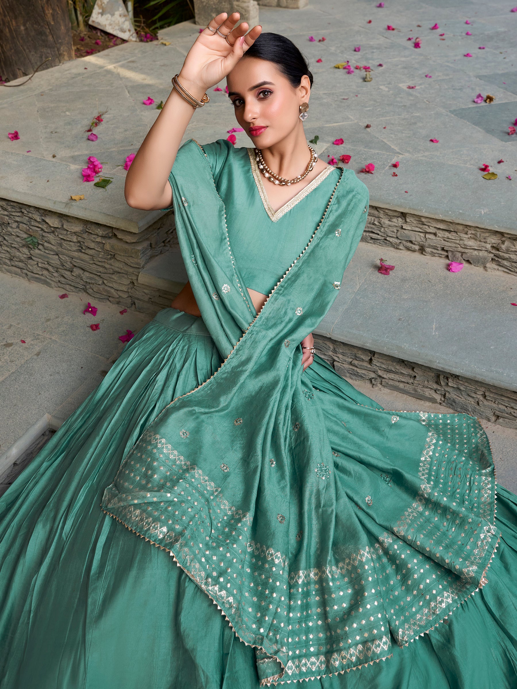 Spectacular Sea Green Zari Weaving Lehenga Choli With Dupatta