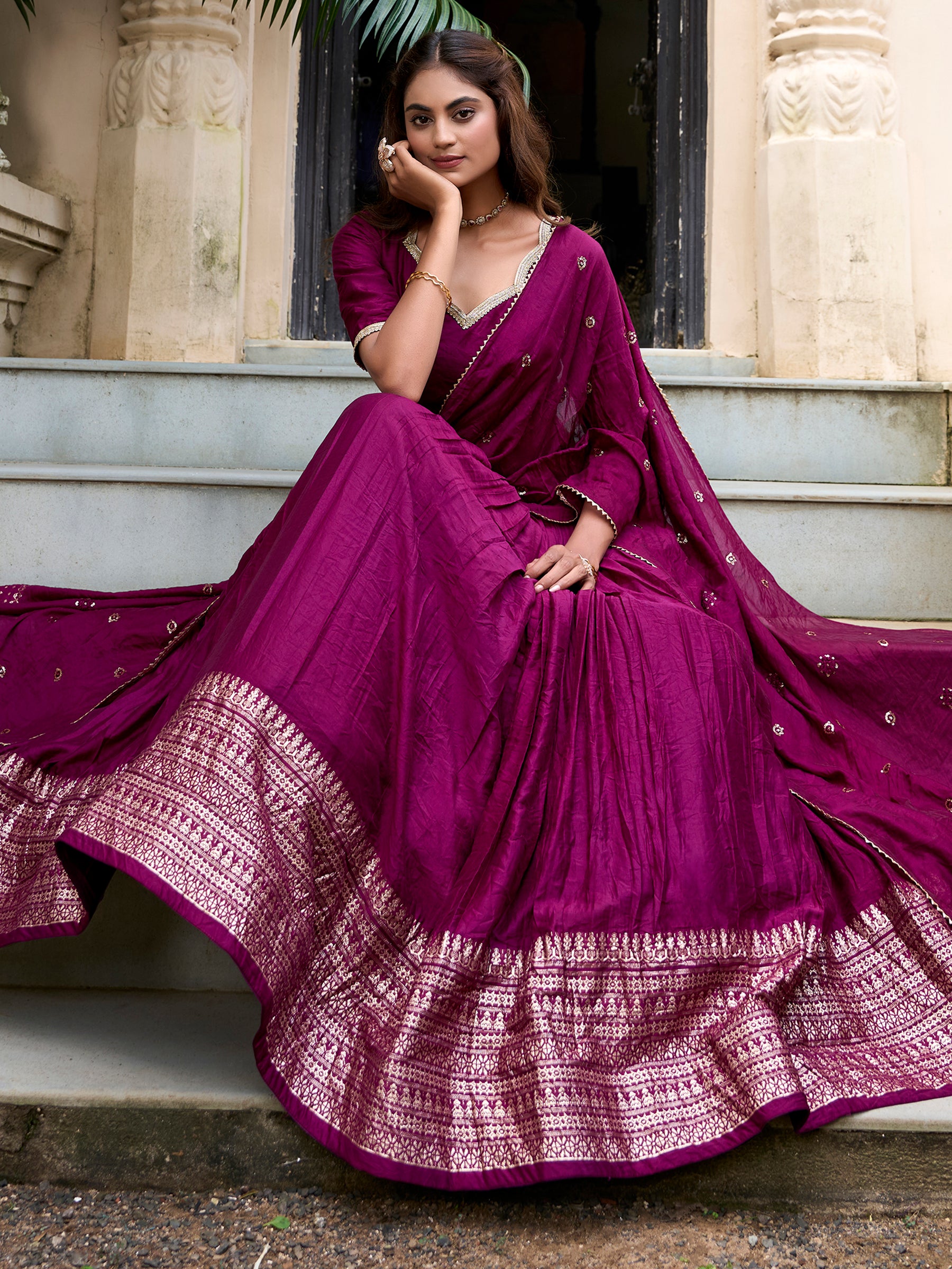 Fabulous Wine Zari Weaving Chanderi Event Wear Lehenga Choli
