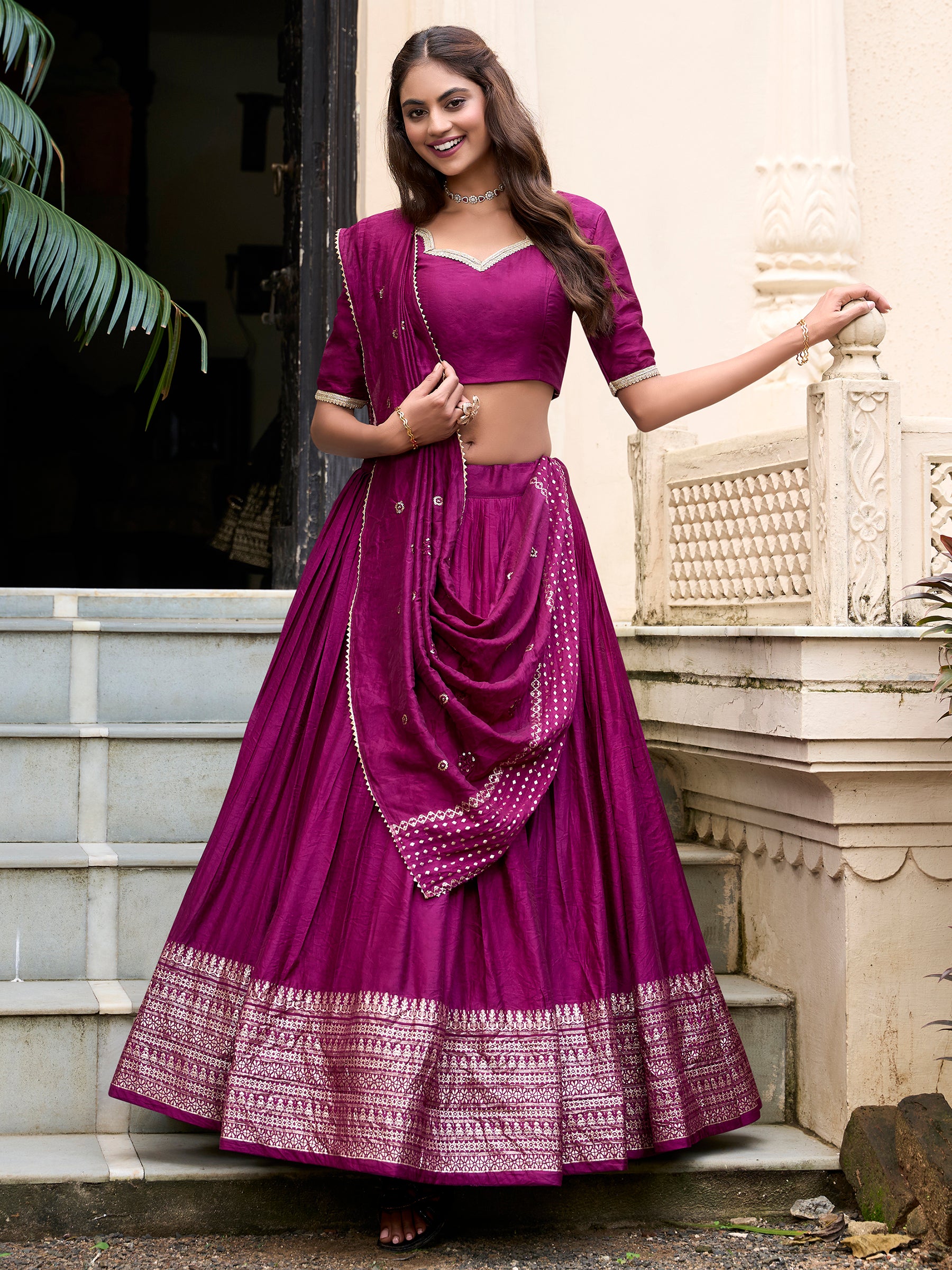Fabulous Wine Zari Weaving Chanderi Event Wear Lehenga Choli