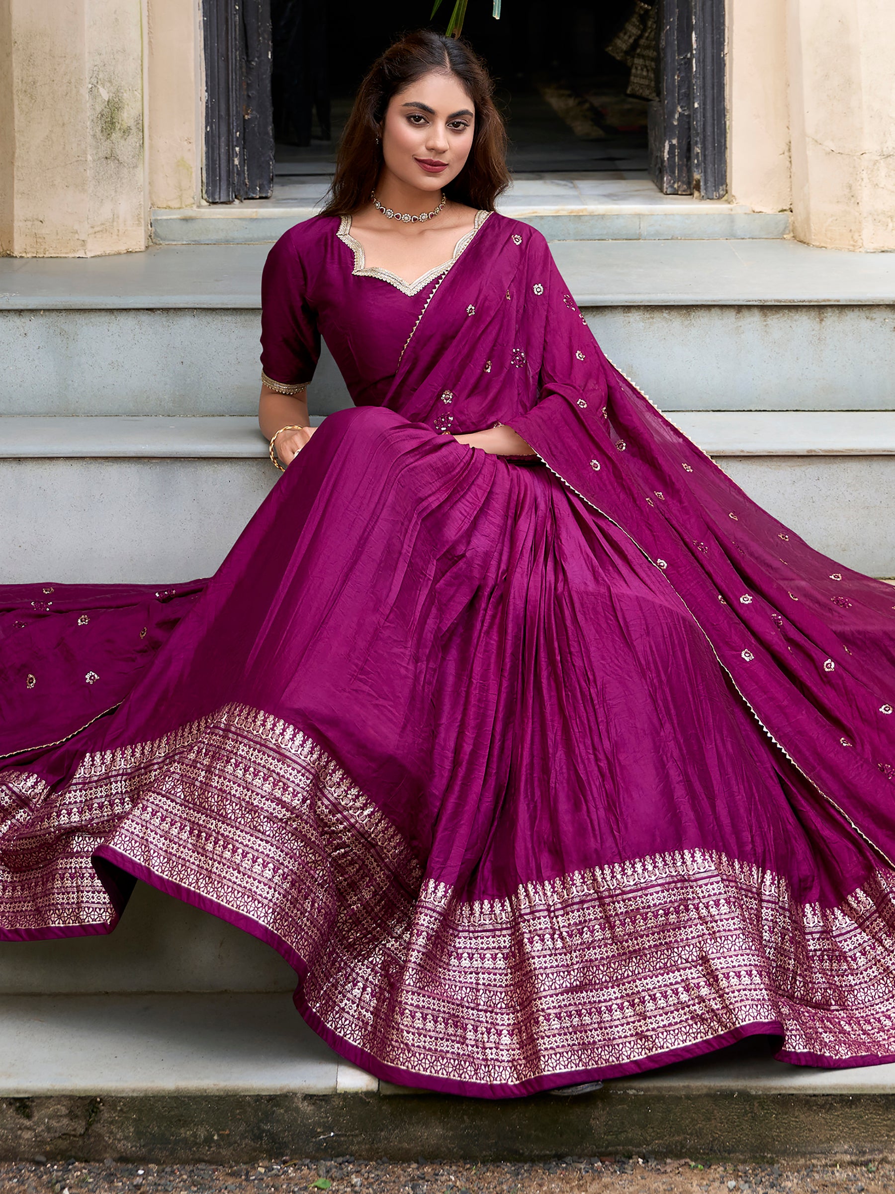 Fabulous Wine Zari Weaving Chanderi Event Wear Lehenga Choli