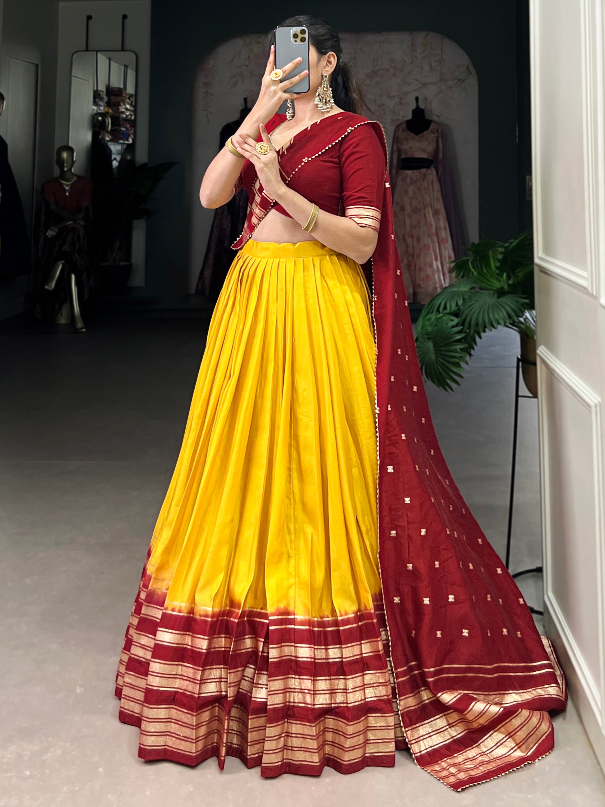 Great Mustard Yellow Zari Weaving Chanderi Traditional Lehenga Choli