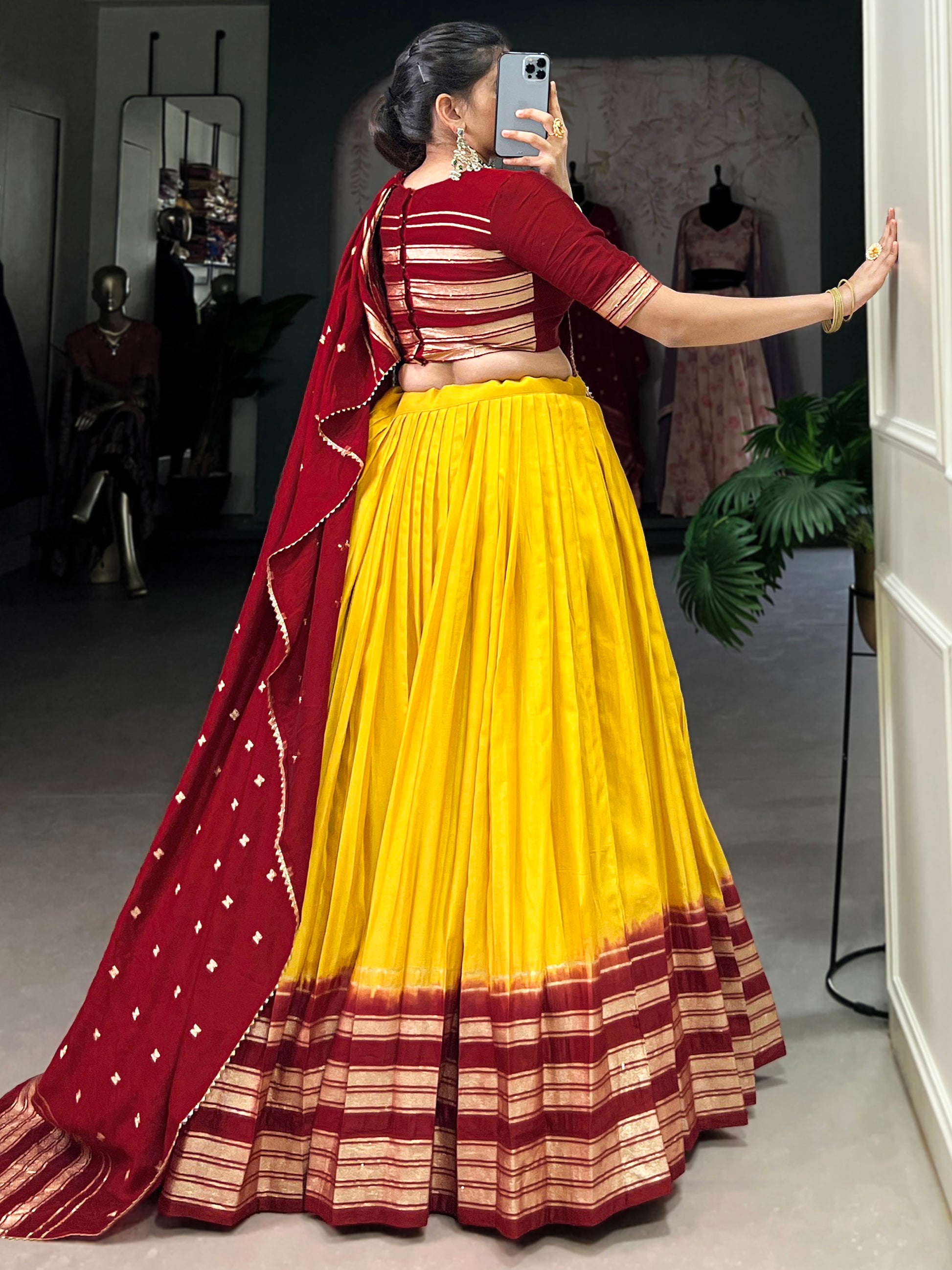 Great Mustard Yellow Zari Weaving Chanderi Traditional Lehenga Choli