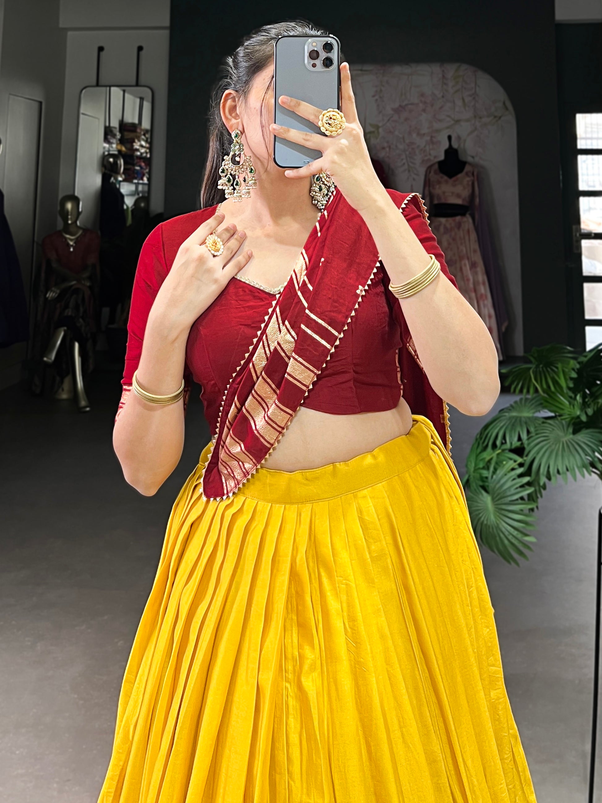 Great Mustard Yellow Zari Weaving Chanderi Traditional Lehenga Choli