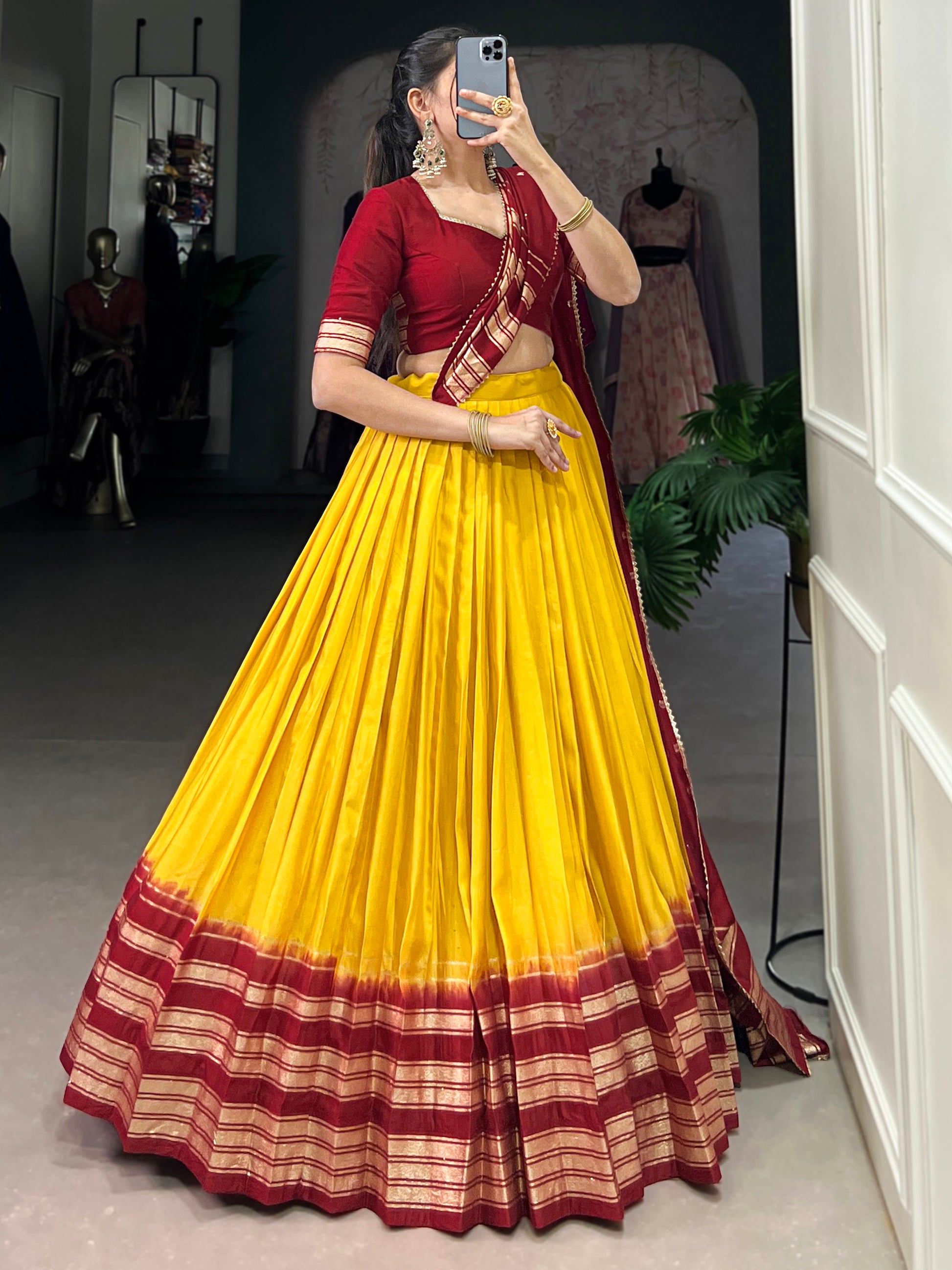Great Mustard Yellow Zari Weaving Chanderi Traditional Lehenga Choli
