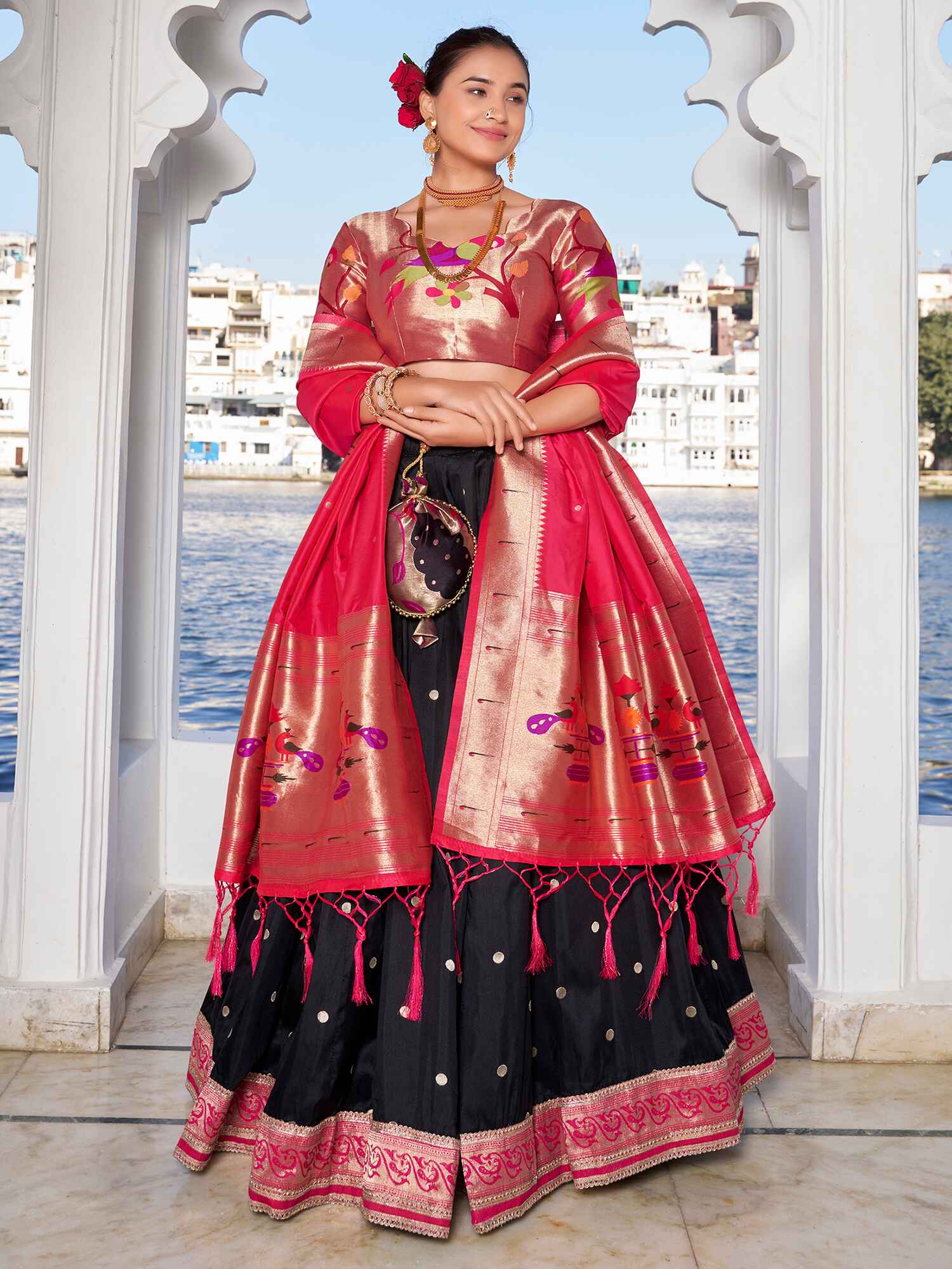 Stunning Black Zari Weaving Silk Paithani Lehenga Choli With Dupatta