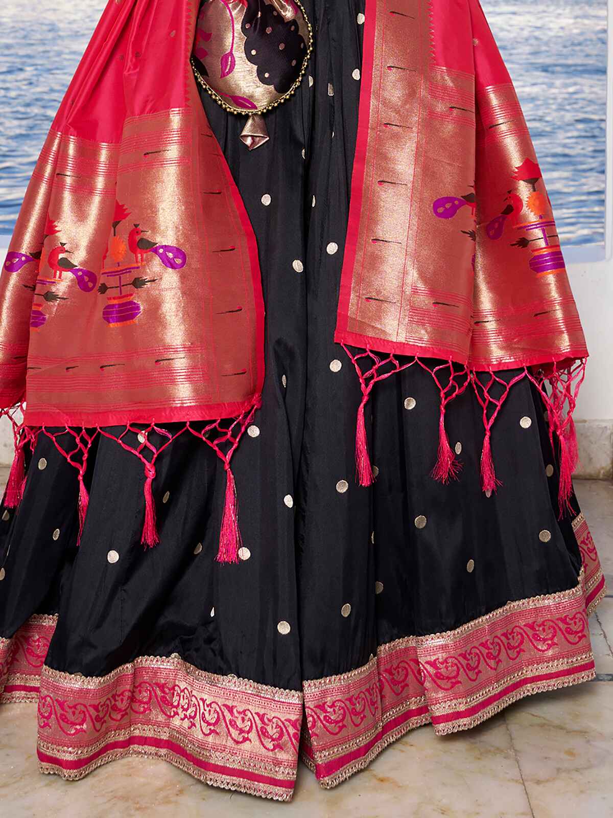 Stunning Black Zari Weaving Silk Paithani Lehenga Choli With Dupatta