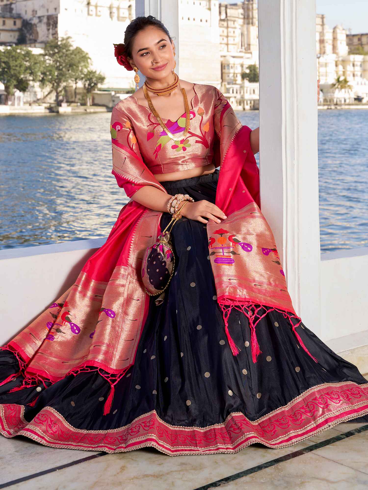 Stunning Black Zari Weaving Silk Paithani Lehenga Choli With Dupatta