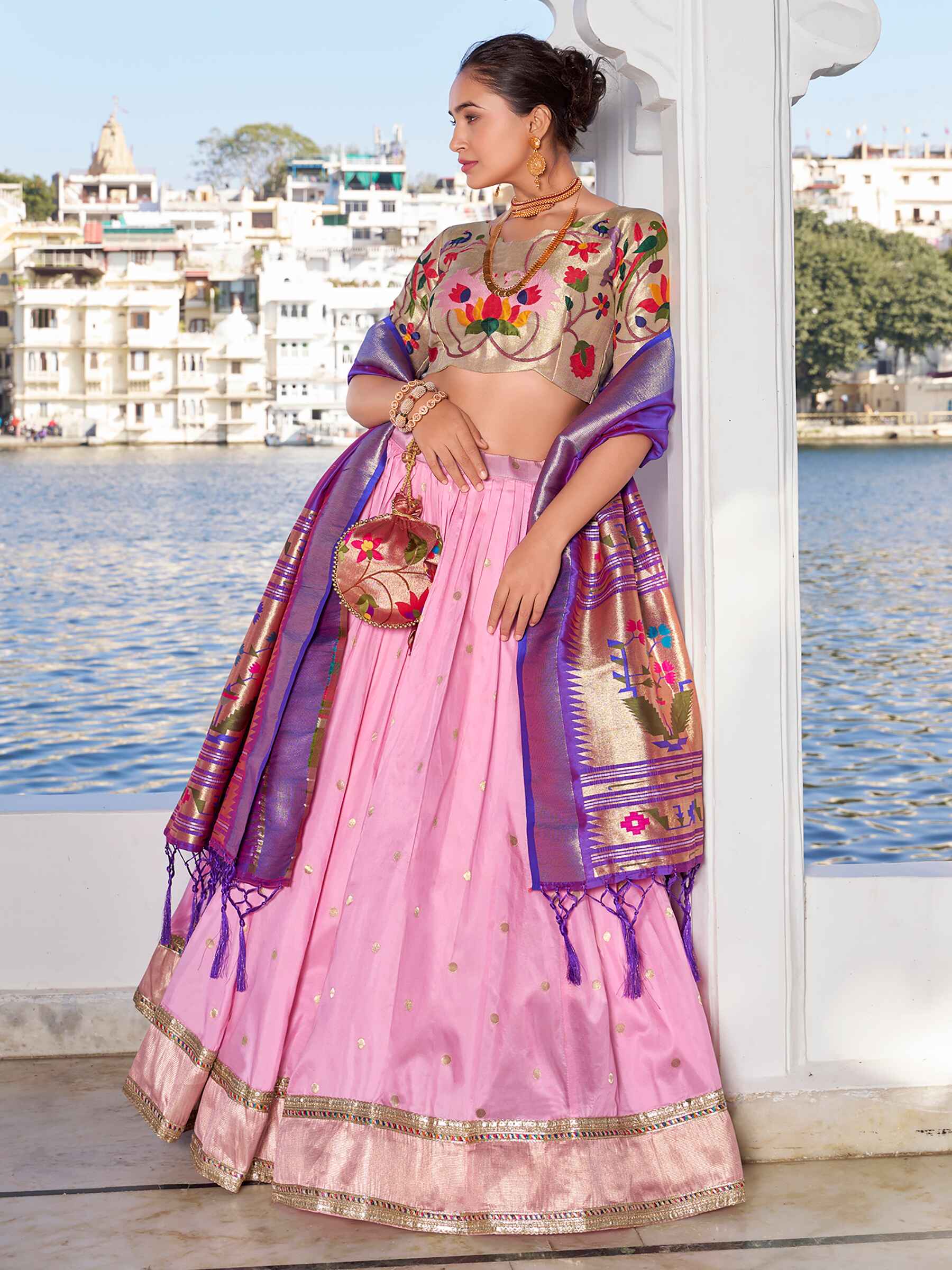 Ravishing Light Pink Zari Weaving Silk Function Wear Lehenga Choli