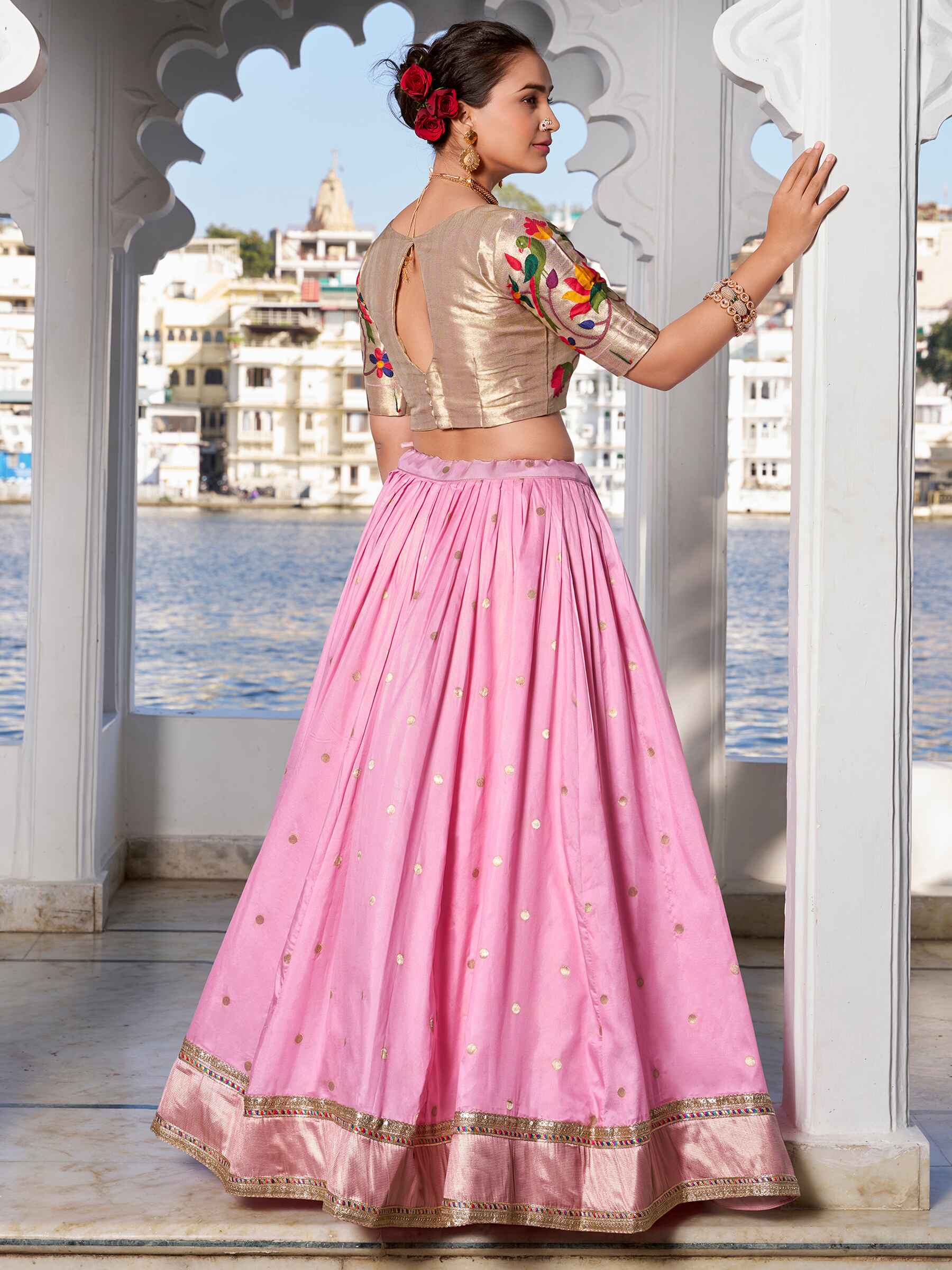 Ravishing Light Pink Zari Weaving Silk Function Wear Lehenga Choli