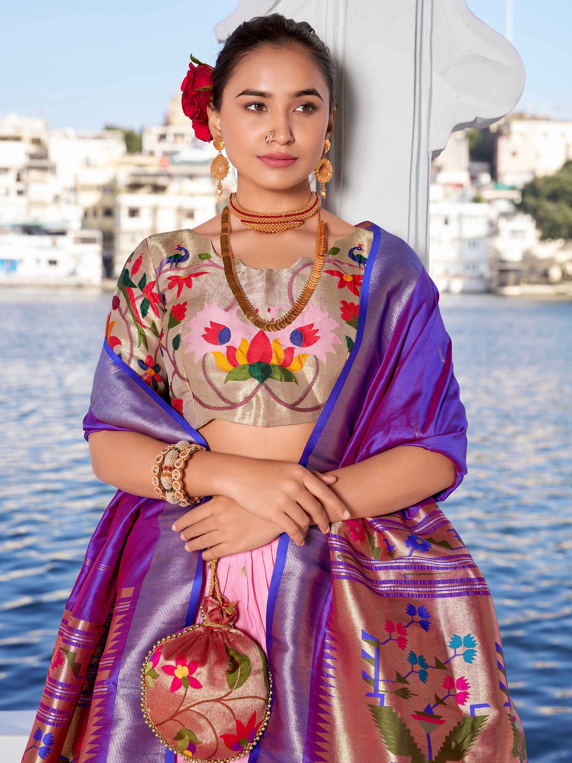 Ravishing Light Pink Zari Weaving Silk Function Wear Lehenga Choli