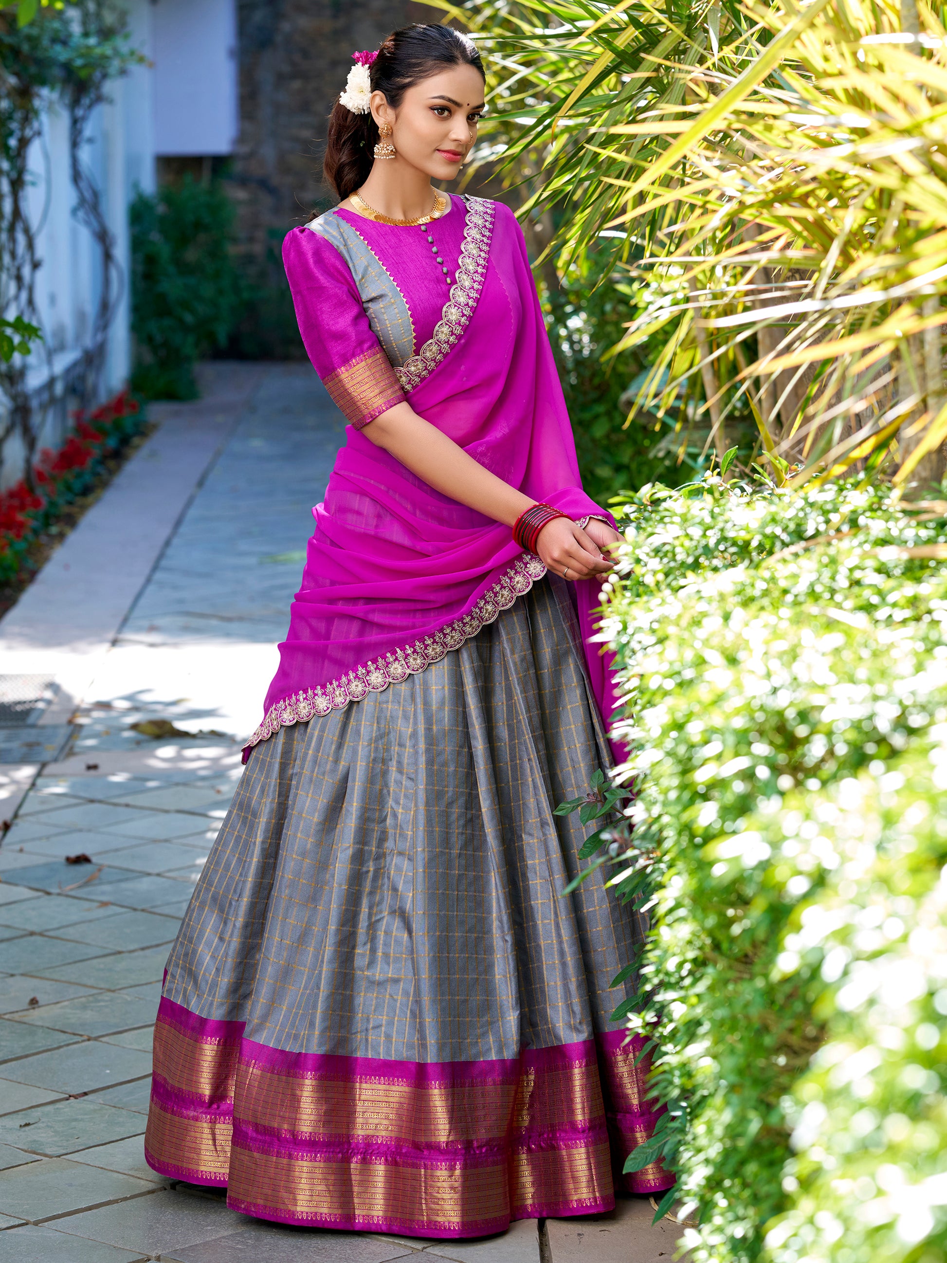 Marvelous Grey Zari Weaving Art Silk Festive Wear Half Saree Lehenga