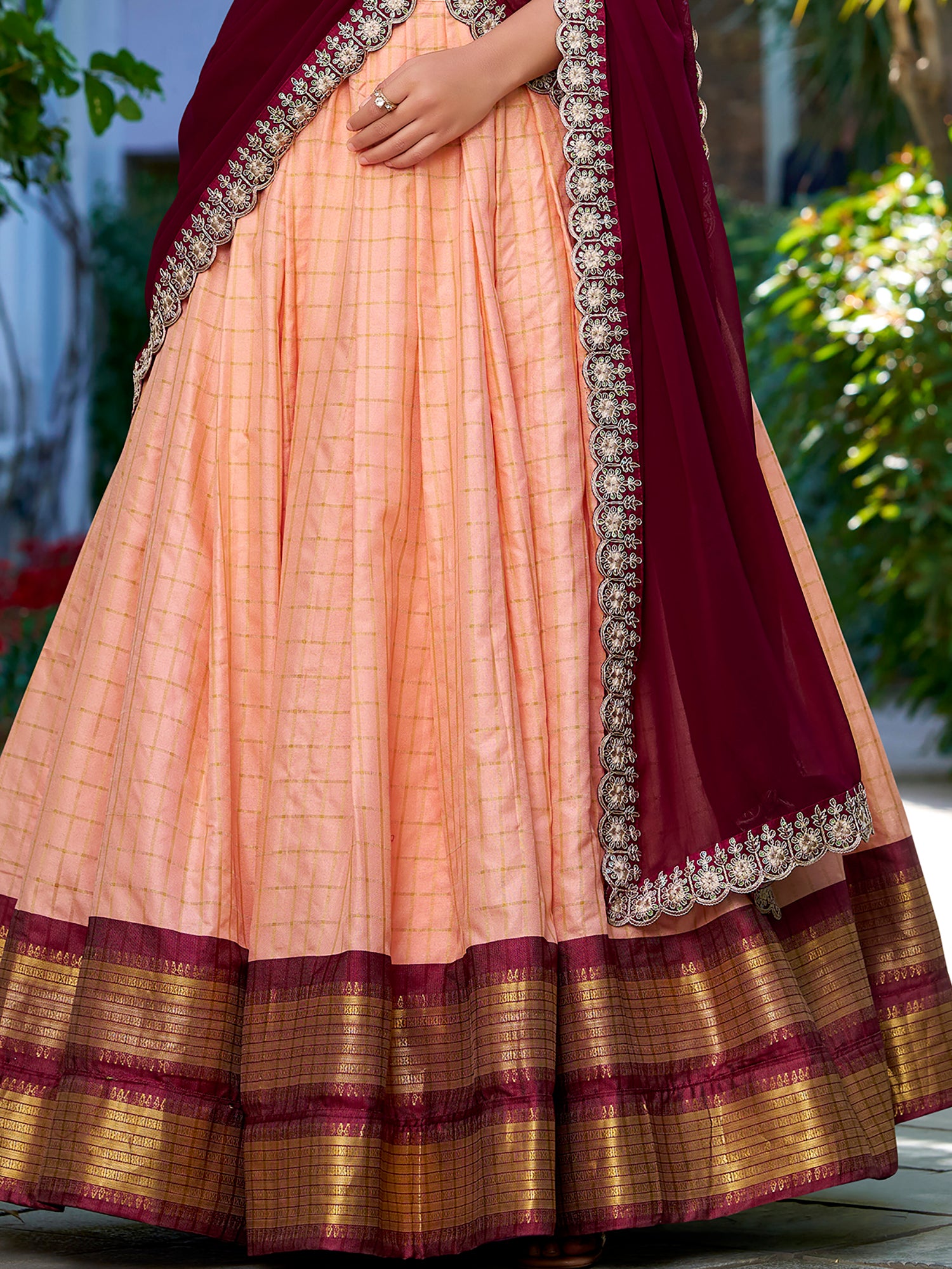 Astonishing Peach Zari Weaving Art Silk festive Wear Half Saree Lehenga